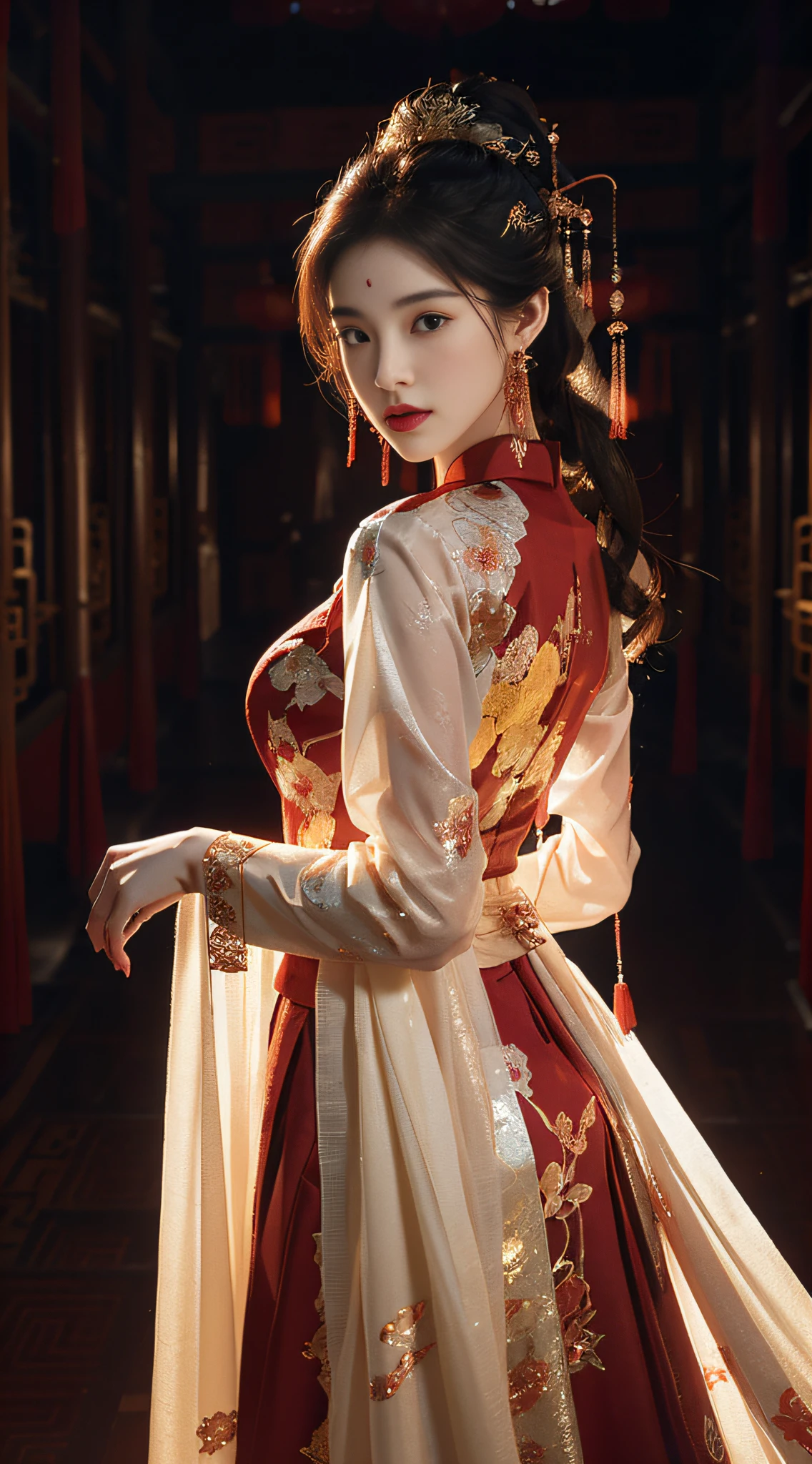 （abstract artistic：1.4）， tmasterpiece， best qualtiy， Ultra-high resolution， big breasts beautiful， Visually stunning， （1girll：1.2）， crimson themed， dark red color， Bleeding red， Halation， looking at viewert
，full bodyesbian，high-heels，woman，nvshen，dunhuang，Hanfu，Red and gold dress,（tmasterpiece，top Quority，best qualtiy，offcial art，Beauty and aesthetics：1.2），Charming mature woman，The is very detailed，（s fractal art：1.1），（a color：1.1）（blossoms：1.3），Most detailed，（ zentangle:1.2), (Dynamic pose), (abstract backgrounds:1.3), (Chinese Traditional Cloth:1.2), (Shiny skin), (many color:1.4), ,(Earrings:1.4),（（fashion icon|Fashionistas|1 Fashionista（individually）|trendsetter|Mannequin）），Ancient Chinese clothing， full bodyesbian， rays of sunshine， Clear face，((best qualtiy)), ((tmasterpiece)), (the detail:1.4), hdr（HighDynamicRange）,Ray traching,nvidia RTX,Hyper-Resolution,Unreal 5,Subsurface scattering、PBR Texture、post-proces、Anisotropy Filtering、((Best quality)), ((Masterpiece)), (Highly detailed:1.3),Masterpiece, Best quality, Translucent skin, （tmasterpiece，best qualtiy，realisticlying：1.37），（Complex and sophisticated，Highly detailed skin and face），（Complex and sophisticated，high detailed hand）， Clear face， tmasterpiece， super detailing， Epic composition， hyper HD， high qulity， extremely detaile， offcial art， Uniform 8K wallpaper， super detailing，High resolution CG，depth of fieldaximum definition and sharpnesany-Layer Textures、Albedo and Specular maps、Surface coloring、Accurate simulation of light-material interactions、rendering by octane、Two-colored light、largeaperture、Low ISO、White balance、the rule of thirds、8K raw data，Little ass，,long leges,Little ass,Indifferent eyes,Realistic art,Dominatrix,femdom,high ponytails，high and cold，A look of contempt，180cm tall