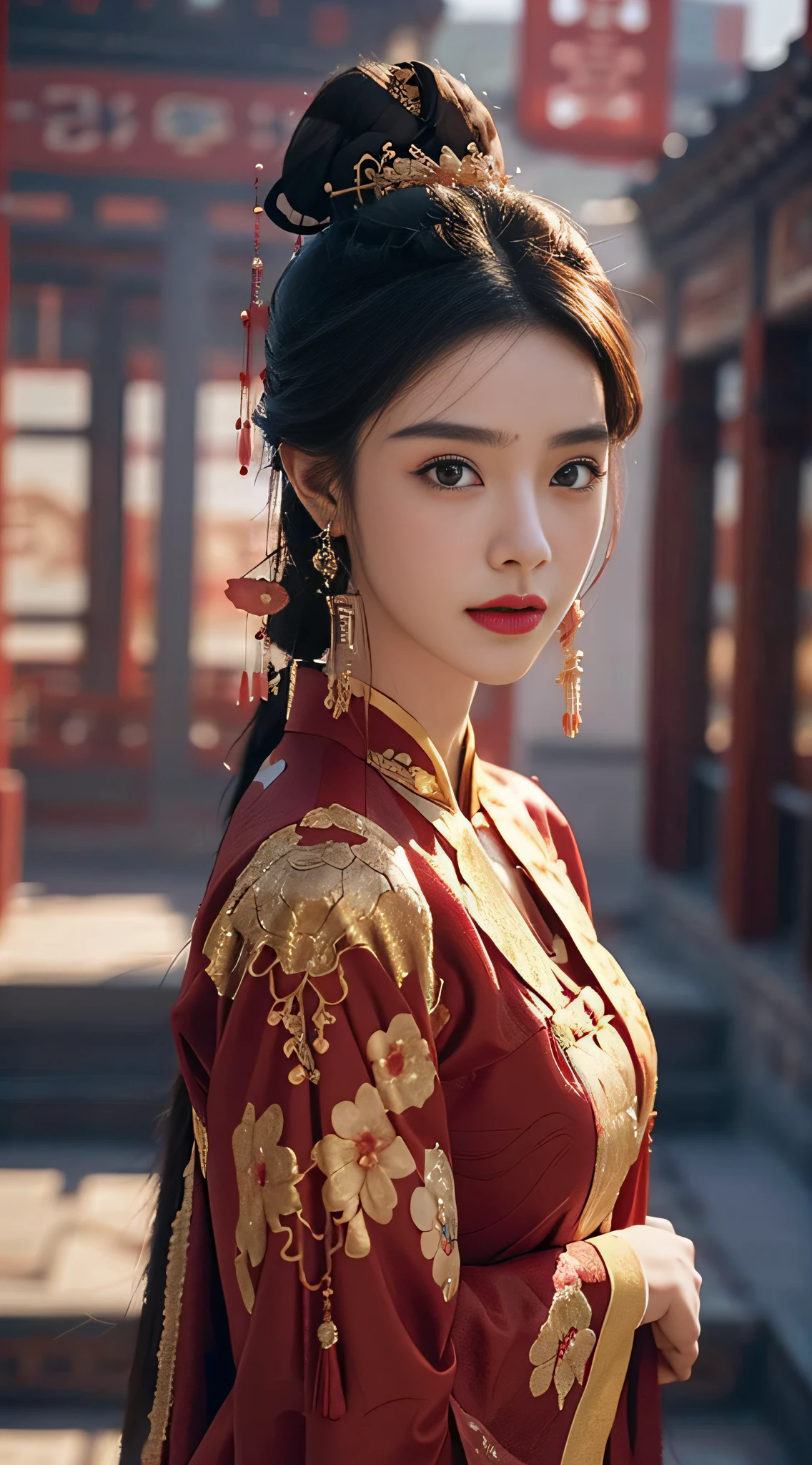 （abstract artistic：1.4）， tmasterpiece， best qualtiy， Ultra-high resolution， big breasts beautiful， Visually stunning， （1girll：1.2）， crimson themed， dark red color， Bleeding red， Halation， looking at viewert
，full bodyesbian，high-heels，woman，nvshen，dunhuang，Hanfu，Red and gold dress,（tmasterpiece，top Quority，best qualtiy，offcial art，Beauty and aesthetics：1.2），Charming mature woman，The is very detailed，（s fractal art：1.1），（a color：1.1）（blossoms：1.3），Most detailed，（ zentangle:1.2), (Dynamic pose), (abstract backgrounds:1.3), (Chinese Traditional Cloth:1.2), (Shiny skin), (many color:1.4), ,(Earrings:1.4),（（fashion icon|Fashionistas|1 Fashionista（individually）|trendsetter|Mannequin）），Ancient Chinese clothing， full bodyesbian， rays of sunshine， Clear face，((best qualtiy)), ((tmasterpiece)), (the detail:1.4), hdr（HighDynamicRange）,Ray traching,nvidia RTX,Hyper-Resolution,Unreal 5,Subsurface scattering、PBR Texture、post-proces、Anisotropy Filtering、((Best quality)), ((Masterpiece)), (Highly detailed:1.3),Masterpiece, Best quality, Translucent skin, （tmasterpiece，best qualtiy，realisticlying：1.37），（Complex and sophisticated，Highly detailed skin and face），（Complex and sophisticated，high detailed hand）， Clear face， tmasterpiece， super detailing， Epic composition， hyper HD， high qulity， extremely detaile， offcial art， Uniform 8K wallpaper， super detailing，High resolution CG，depth of fieldaximum definition and sharpnesany-Layer Textures、Albedo and Specular maps、Surface coloring、Accurate simulation of light-material interactions、rendering by octane、Two-colored light、largeaperture、Low ISO、White balance、the rule of thirds、8K raw data，Little ass，,long leges,Little ass,Indifferent eyes,Realistic art,Dominatrix,femdom,high ponytails，high and cold，A look of contempt，180cm tall