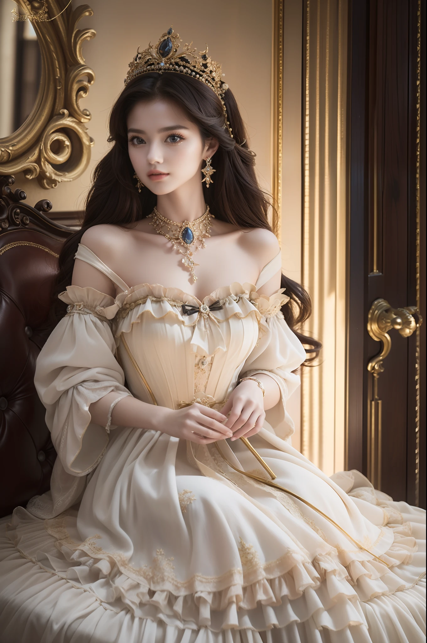 ((頂級品質、傑作、摄影写实主义:1.4、8K))、美丽的女人、精緻美麗的臉龐、（中世紀歐洲風格的奢華禮服、公主）、奢華配件、歐式城堡、電影燈光、有紋理的皮膚、超細節、高細節、高品質、高解析度