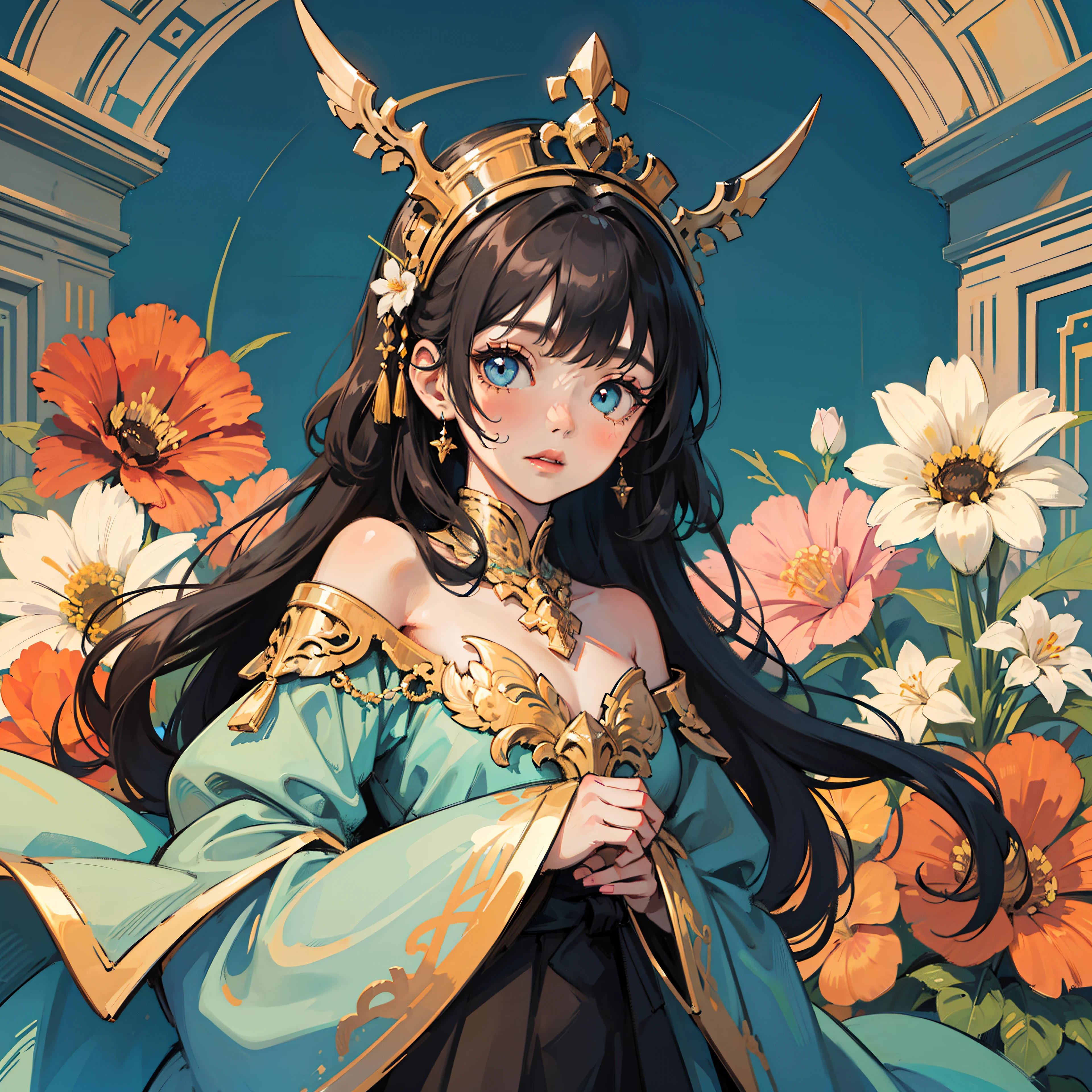 masterpiece, best quality, 1girl, flowers, flat color, lineart, ornate, blue theme , left side