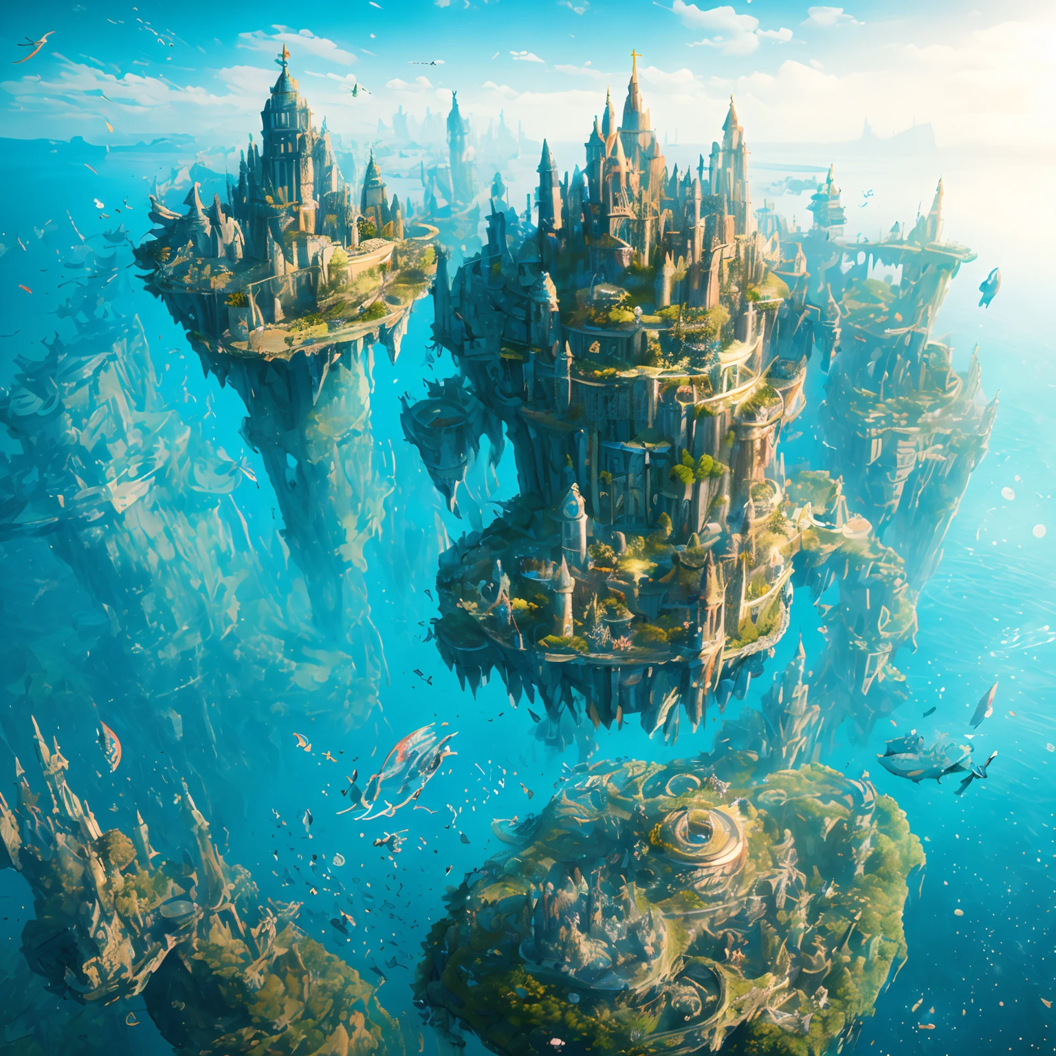 vue à la première personne de loin, une belle ville steampunk aux détails complexes dans un monde sous-marin , navires, baleines, calmars flottant dans le ciel, architecture parfaite , ponts détaillés, bâtiment impressionnant... --auto