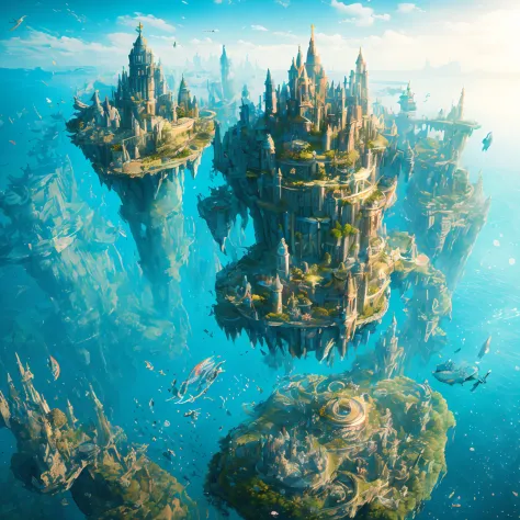 first person view from far away, a beautiful intricately detailed steampunk city in underwater world , ships, whales, squids floating in sky, perfect architecture , detailed bridges, awesome building... --auto