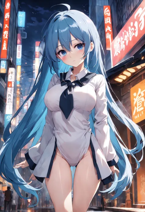 Blue hair girl AI white collar work wear exposed long hair white face sexual suggestive long legs big breasts