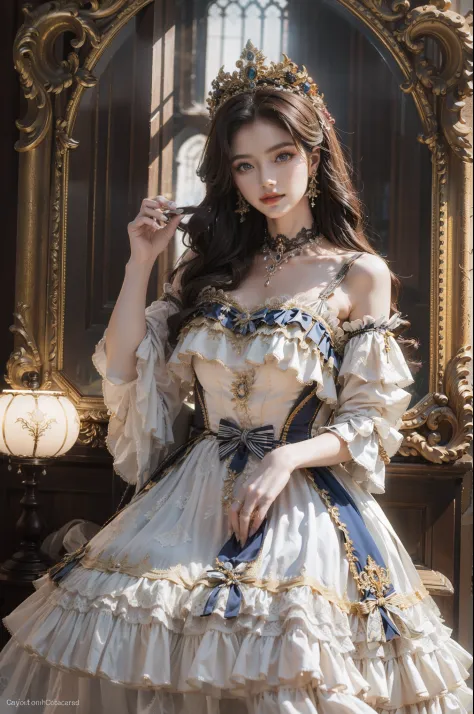 ((top-quality、​masterpiece、photographrealistic:1.4、8K))、Beautuful Women、delicate and beautiful face、（Luxury dresses in the style of medieval Europe、Princess）、Luxury Accessories、（Forest and European castle）、a bird、Skysky、Cinematic lighting、Textured skin、Sup...