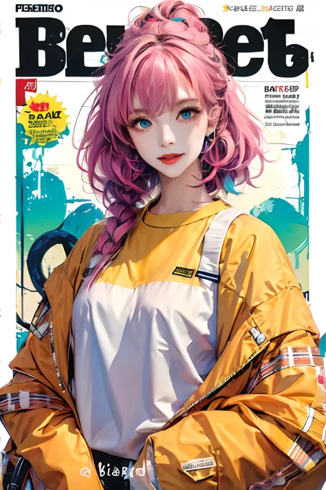 masterpiece, best quality, spring outfit, colorful neon hair, outdoor, magazine cover ,upper body,