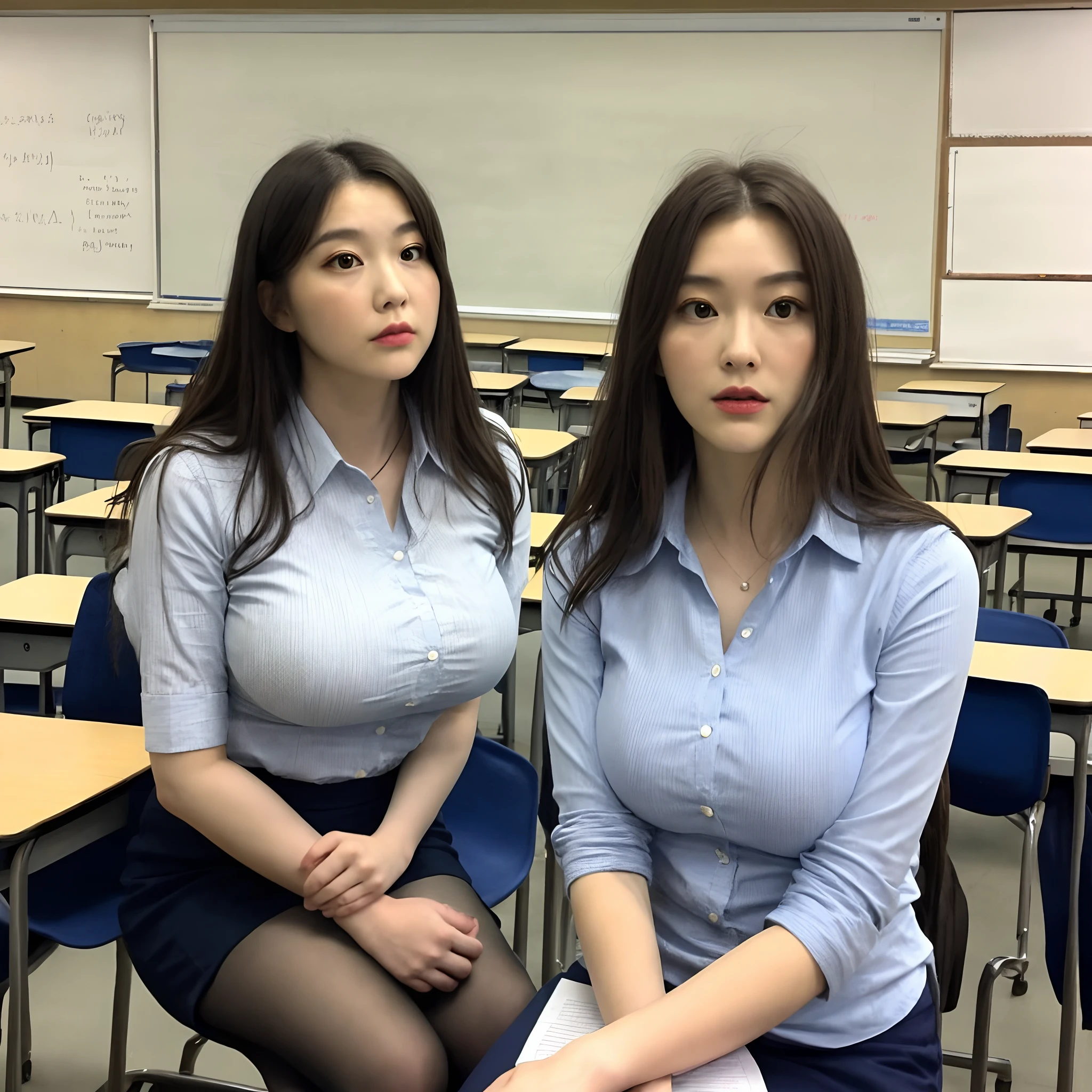 Two asian women sitting in a classroom with desks and chairs - SeaArt AI