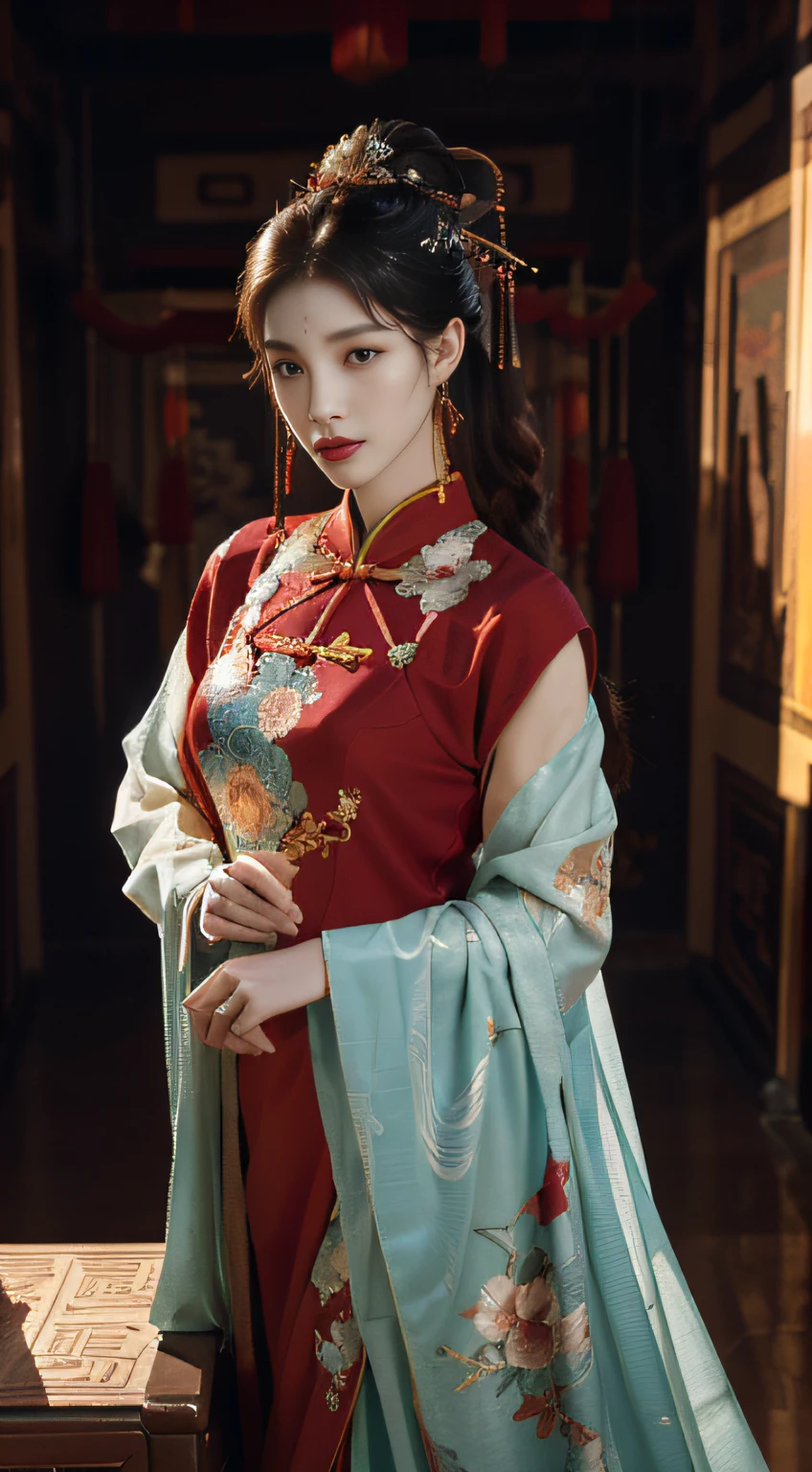 （abstract artistic：1.4）， tmasterpiece， best qualtiy， Ultra-high resolution， big breasts beautiful， Visually stunning， （1girll：1.2）， crimson themed， dark red color， Bleeding red， Halation， looking at viewert
，full bodyesbian，high-heels，woman，nvshen，dunhuang，Hanfu，Red and gold dress,（tmasterpiece，top Quority，best qualtiy，offcial art，Beauty and aesthetics：1.2），Charming mature woman，The is very detailed，（s fractal art：1.1），（a color：1.1）（blossoms：1.3），Most detailed，（ zentangle:1.2), (Dynamic pose), (abstract backgrounds:1.3), (Chinese Traditional Cloth:1.2), (Shiny skin), (many color:1.4), ,(Earrings:1.4),（（fashion icon|Fashionistas|1 Fashionista（individually）|trendsetter|Mannequin）），Ancient Chinese clothing， full bodyesbian， rays of sunshine， Clear face，((best qualtiy)), ((tmasterpiece)), (the detail:1.4), hdr（HighDynamicRange）,Ray traching,nvidia RTX,Hyper-Resolution,Unreal 5,Subsurface scattering、PBR Texture、post-proces、Anisotropy Filtering、((Best quality)), ((Masterpiece)), (Highly detailed:1.3),Masterpiece, Best quality, Translucent skin, （tmasterpiece，best qualtiy，realisticlying：1.37），（Complex and sophisticated，Highly detailed skin and face），（Complex and sophisticated，high detailed hand）， Clear face， tmasterpiece， super detailing， Epic composition， hyper HD， high qulity， extremely detaile， offcial art， Uniform 8K wallpaper， super detailing，High resolution CG，depth of fieldaximum definition and sharpnesany-Layer Textures、Albedo and Specular maps、Surface coloring、Accurate simulation of light-material interactions、rendering by octane、Two-colored light、largeaperture、Low ISO、White balance、the rule of thirds、8K raw data，Little ass，,long leges,Little ass,Indifferent eyes,Realistic art,Dominatrix,femdom,high ponytails，high and cold，A look of contempt，180cm tall