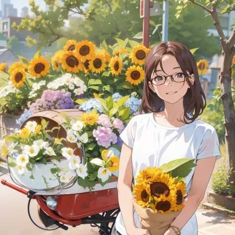 Petite girl and Flower bike,  realistic , wearing glasses,  long brown silk hair, detail face, smile