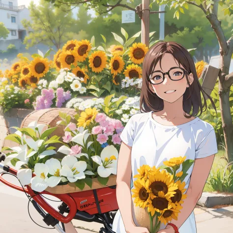Petite girl and Flower bike,  realistic , wearing glasses,  long brown silk hair, detail face, smile, manga comic style, water c...