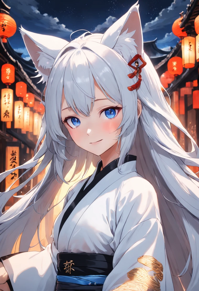 grown woman，cabelos preto e longos，eBlue eyes，White fox ears，Open Hanfu，Open the chest，ssmile，tmasterpiece，high high quality