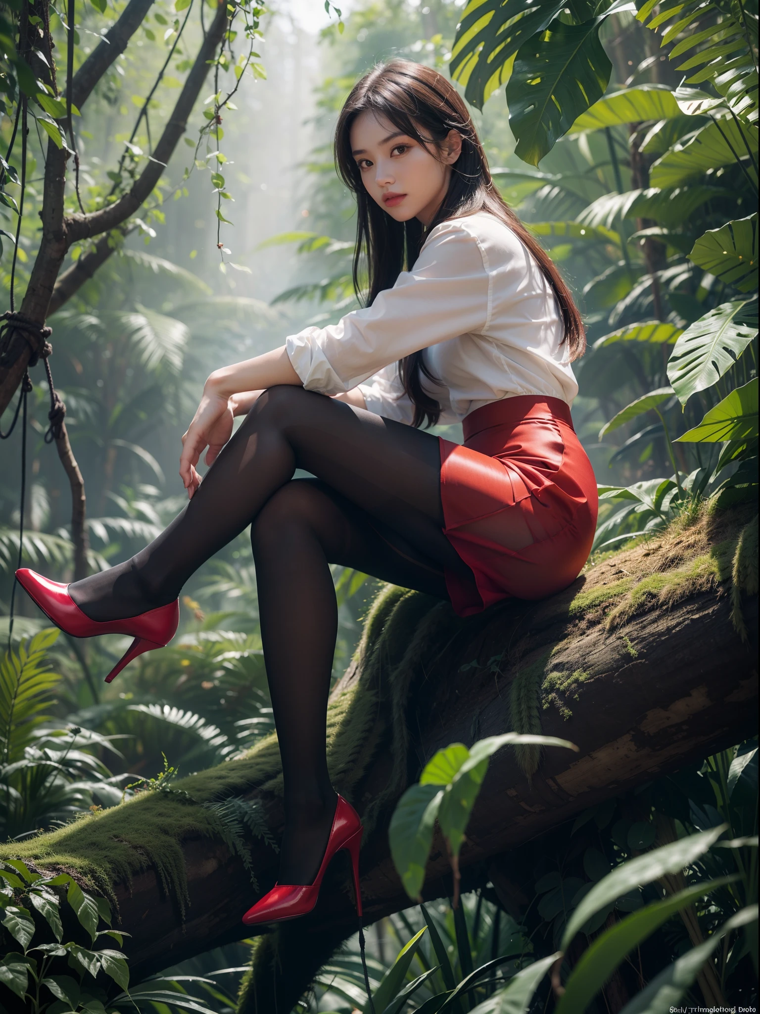 (full body:1.5)，((1girl):1.4),(view the viewer:1.4)，(anatomy correct:1.3),(Sitting on a tree in the jungle:1.2),(A black and red Elastic skirt :1.2),((Wheat Pantyhose):1.3),( girl pointed thick heels :1.1)，(Accurate and perfect face:1.3),hyper HD, Ray traching, reflective light， structurally correct, Award-Awarded, high detail, lighten shade contrast, Face lighting ，cinematic lighting, masterpiece, super detailing, high quality, high detail, best quality, 16k，High contrast,