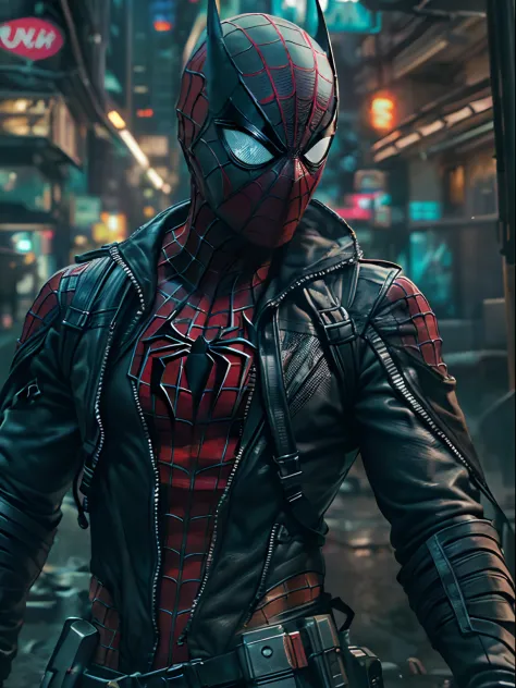 Spiderman and batman combined, (top-quality、8K、32K、​masterpiece、)、(The ultra -The high-definition)、(Photorealsitic:1.4)、Raw photography,Perfect eyes,Charming perfect figure,actionpose:1.2,Detailed cyberpunk fashion、World of Cyberpunk,depth of fields,blurry...