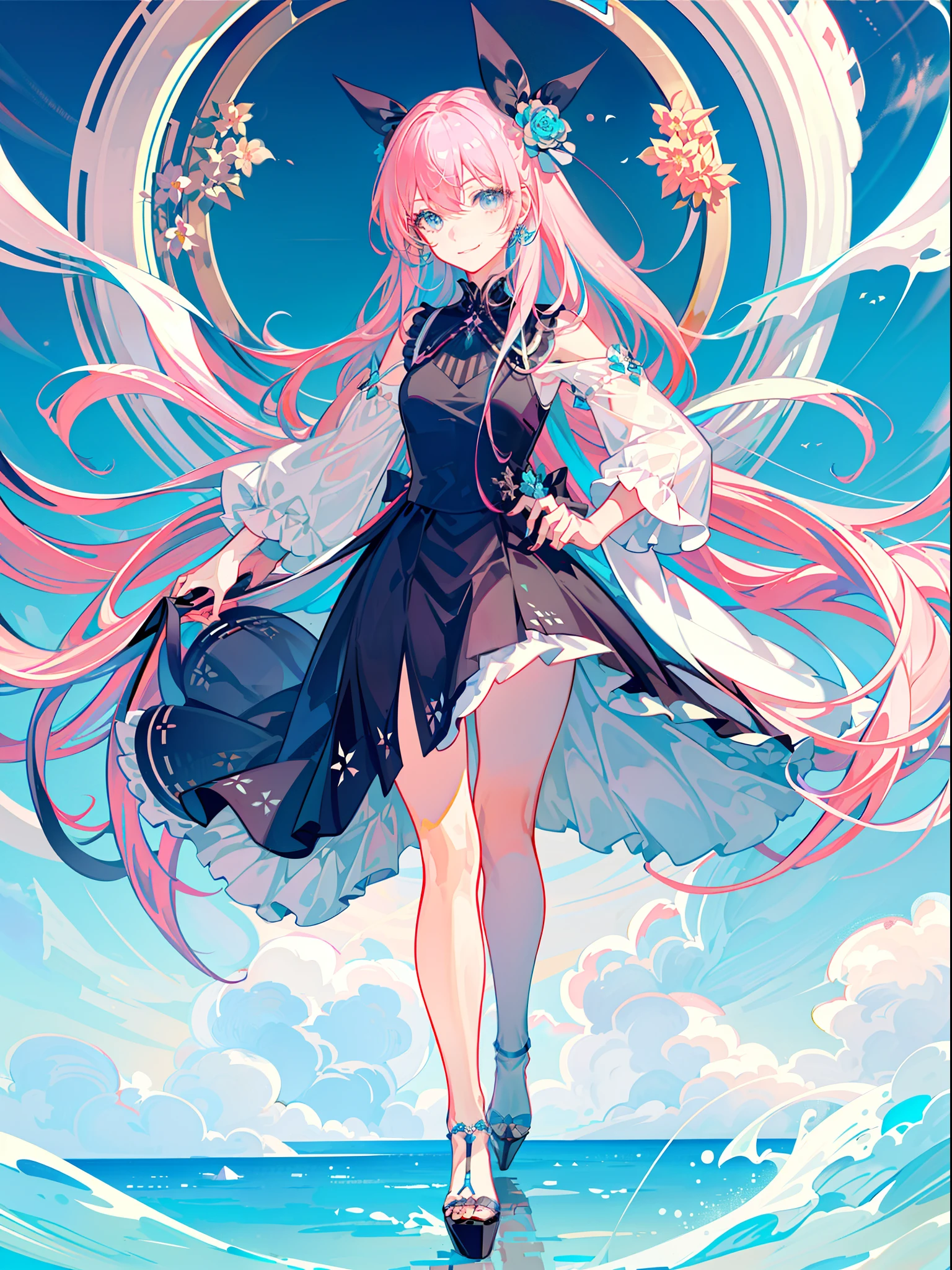 Masterpiece,Best quality,Best quality,Amazing,Beautiful detailed eyes,1girll,finedetail,depth of fields,Extremely detailed Cg Unity 8K wallpaper,Masterpiece,Upper body,(vtuber Minato aqua),Pink hair,blue streaked hair, Palace,Holy,White slit long mop dress ,Mature female,standing,mediating_Breasts,Silver Headwear,Smile,Black high heels,Very long hair, The fuselage is facing the side,jewelry,Hair blue flower,With gray eyes,Close-up