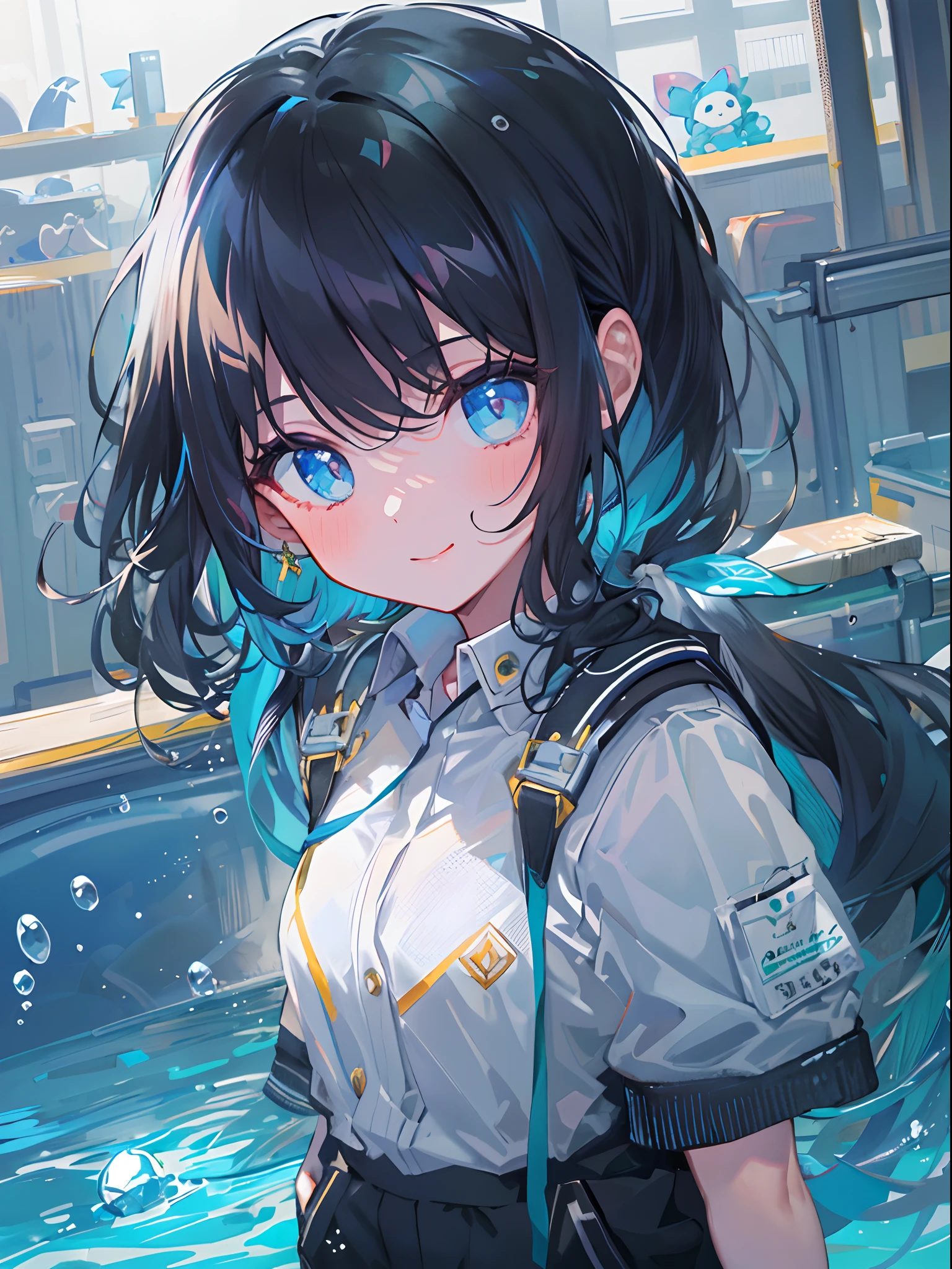 ((top-quality)), ((​masterpiece)), ((Ultra-detail)), (extremely delicate and beautiful), girl with, solo, cold attitude,((Black jacket)),She is very(relax)with  the(Settled down)Looks,A darK-haired, depth of fields,evil smile,Bubble, under the water, Air bubble,bright light blue eyes,Inner color with black hair and light blue tips,Cold background,Bob Hair - Linear Art, shortpants、knee high socks、White uniform like 、Light blue ribbon ties、Clothes are sheer、Hands in pockets、Ponytail hair
