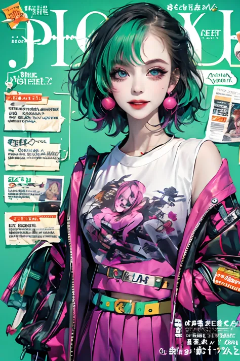 masterpiece, best quality, joker outfit, colorful neon hair, joker makeup,outdoor, magazine cover ,upper body,