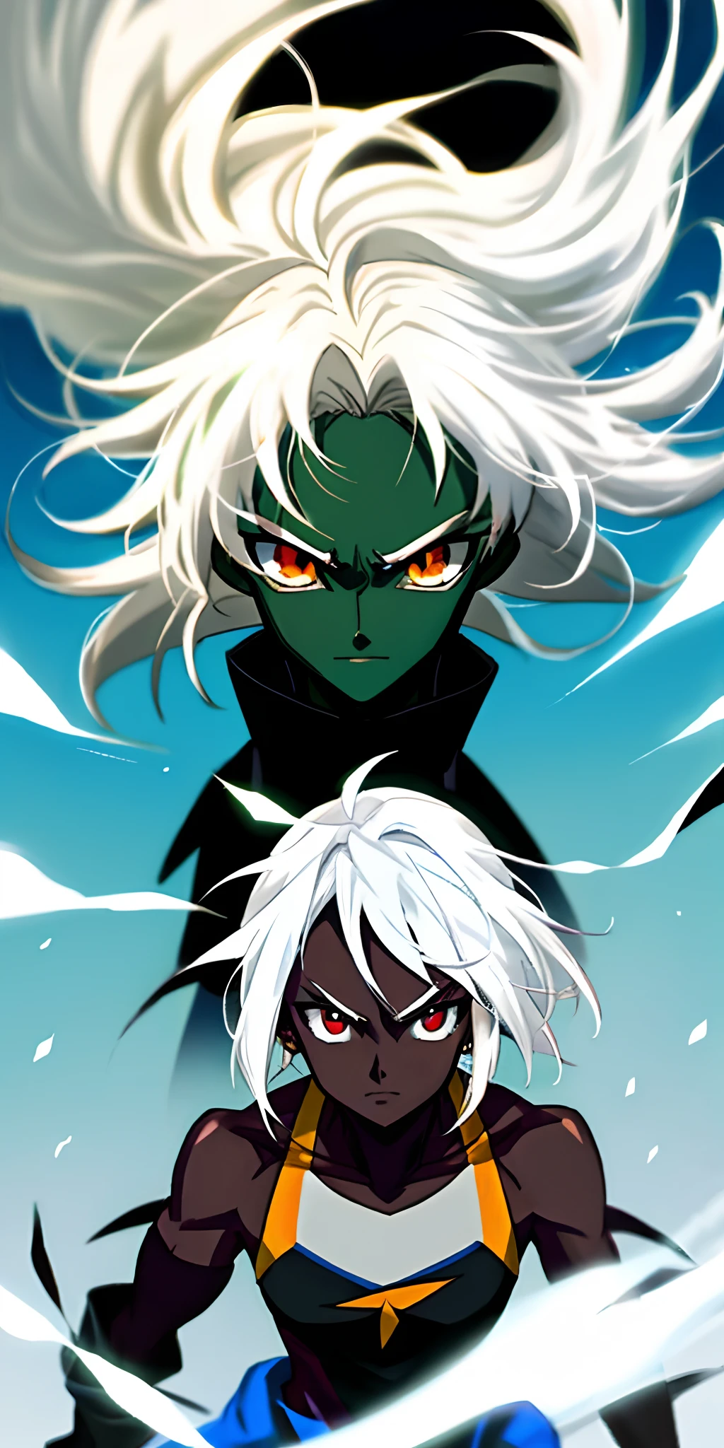 A close up of two anime characters with white hair and green eyes - SeaArt  AI