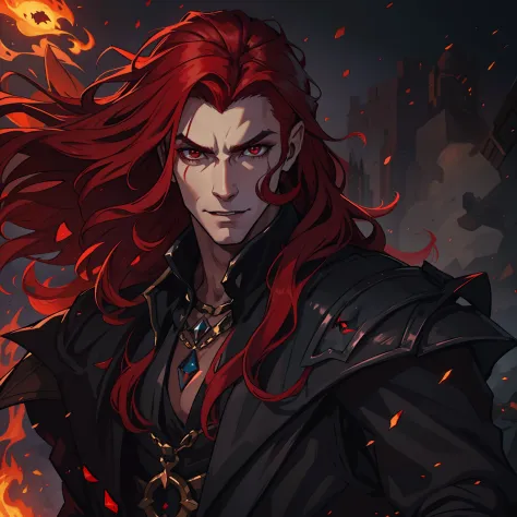 A handsome man with long red hair and red eyes, like a king of dragons in a dark castle of black rocks, dark colors, he is weari...