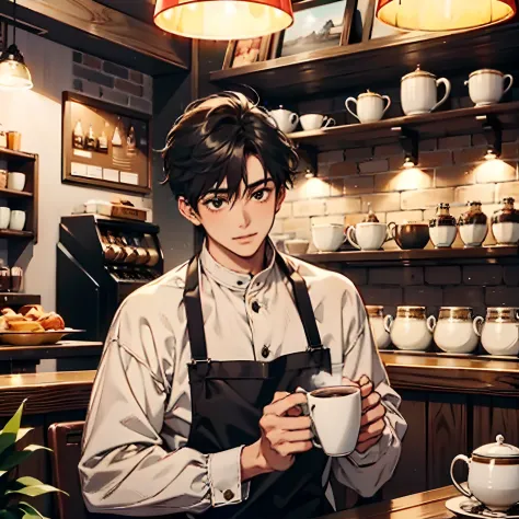 (A boy enjoying a cup of freshly brewed coffee at a cozy cafe)