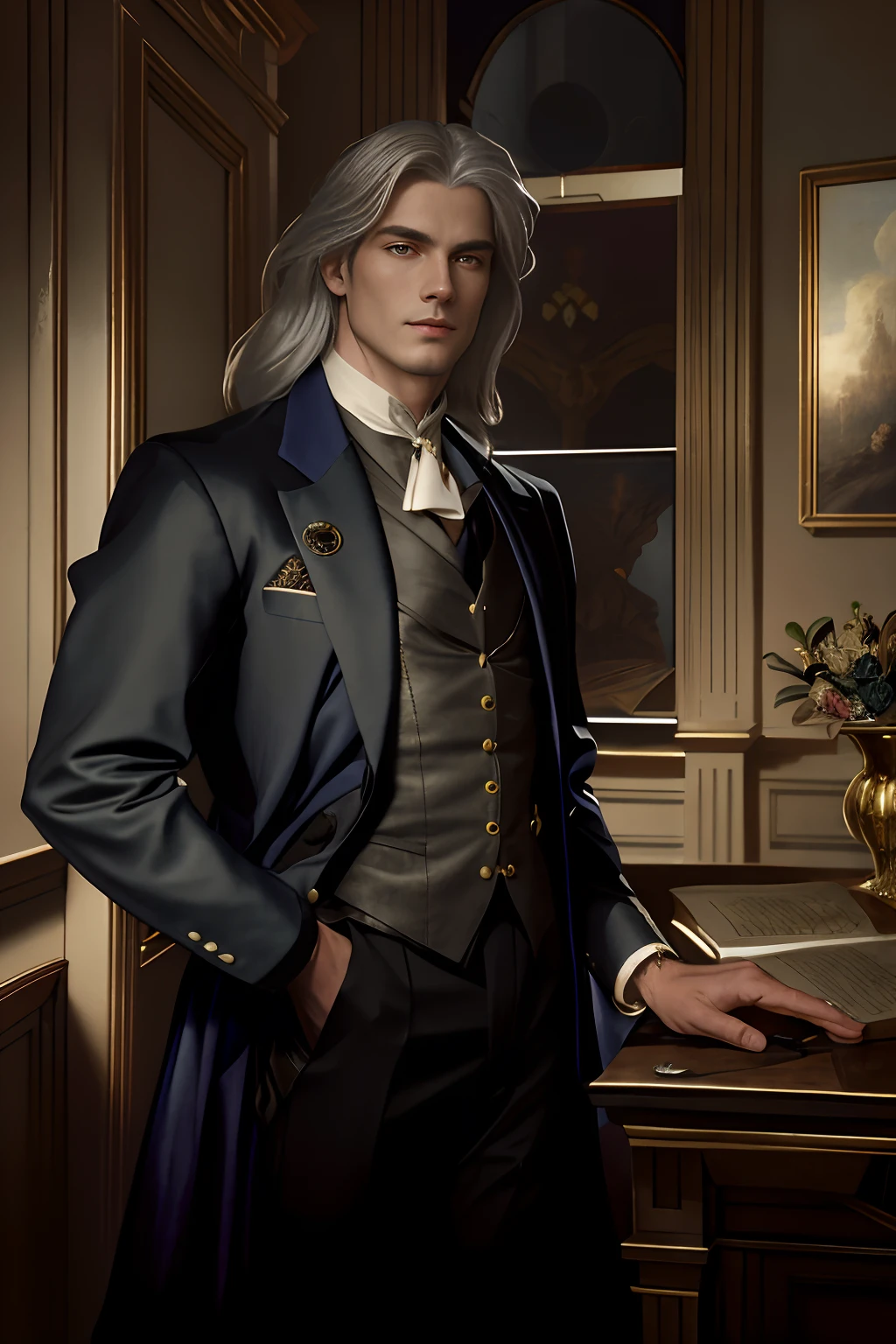 There is a man in a suit in the room, dressed in period costume, silver haired, portrait of fin wildcloak, ((In aristocratic attire)), beautiful androgynous prince, A worthy aristocrat, delicate androgynous prince, disguised as a clergyman, commission for high res, Wearing fashionable formal wear, epic and classy portrait, Fantasy genre portrait