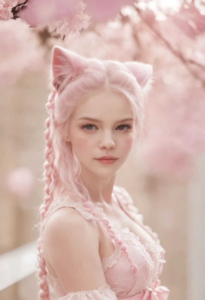 A close up of a woman with pink hair wearing a cat ears - SeaArt AI