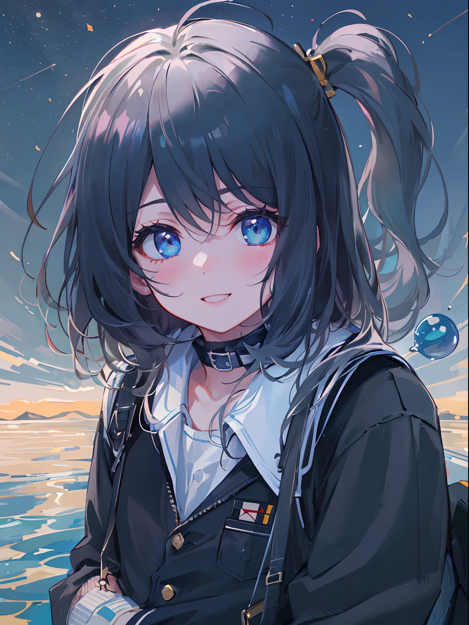 ((top-quality)), ((​masterpiece)), ((ultra-detailliert)), (extremely delicate and beautiful), girl with, 独奏, cold attitude,((Black jacket)),She is very(relax)with  the(Settled down)Looks,A dark-haired, depth of fields,evil smile,Bubble, under the water, Air bubble,bright light blue eyes,Inner color with black hair and light blue tips,Cold background,Bob Hair - Linear Art, shortpants、knee high socks、White uniform like school uniform、Light blue ribbon ties、Clothes are sheer、Hands in pockets