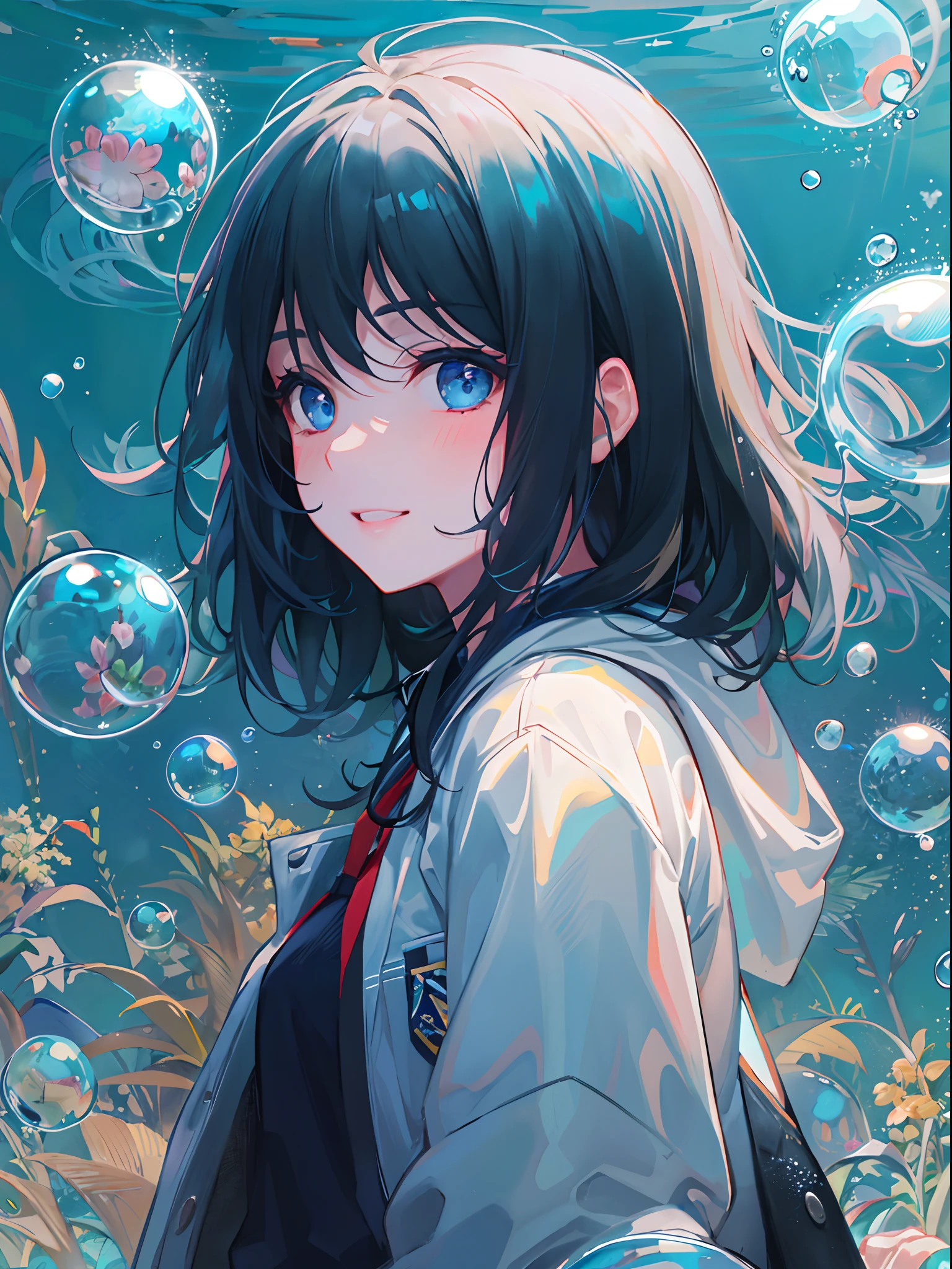 Anime Girl With Blue Eyes And Black Hair Standing In Front Of Bubbles 