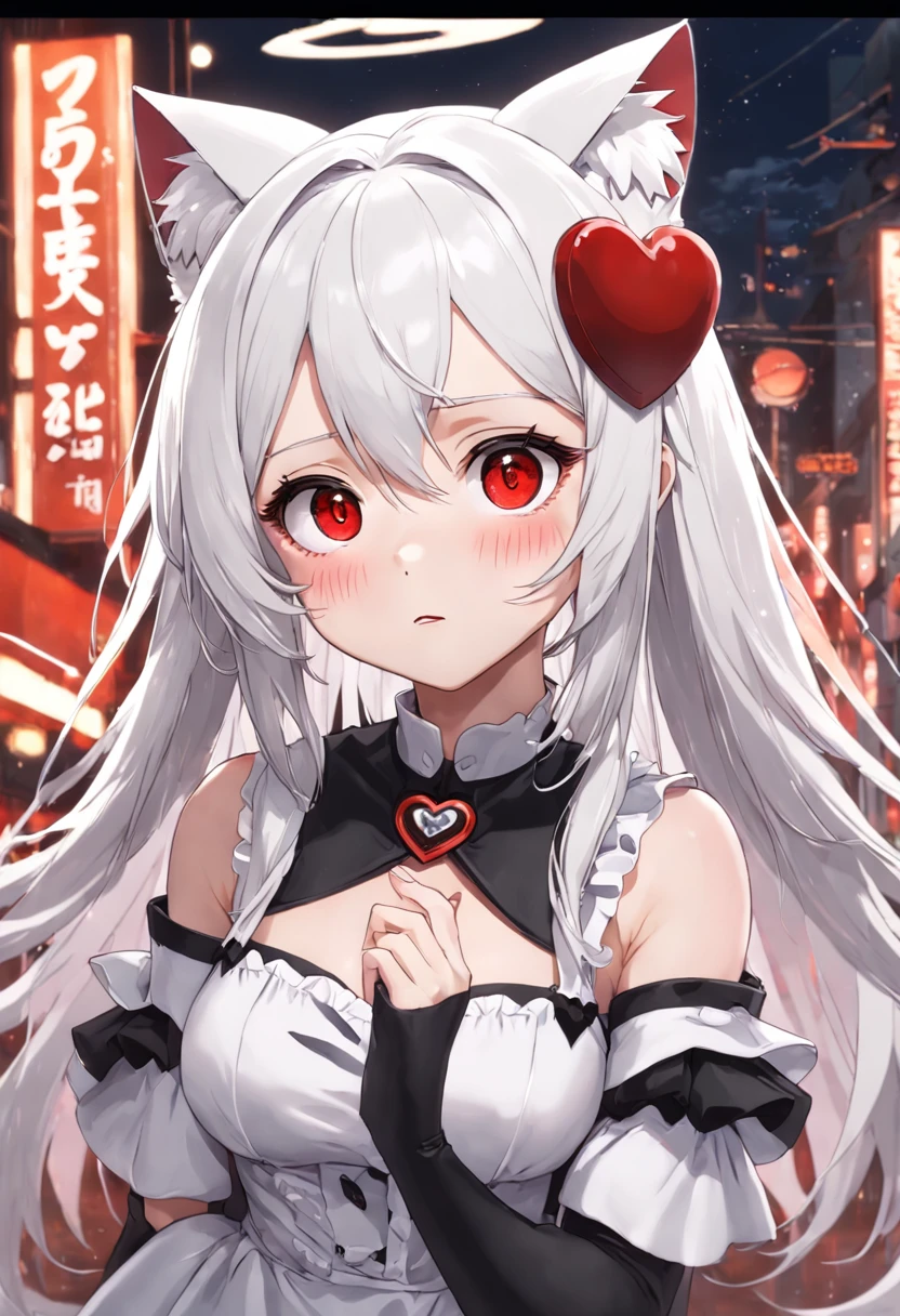 white hair, maid headdress, heart-shaped pupils, heterochromia, red eyes, white eyes, cat ears, shy, blush, puckered lips, heart in eye, anime style, UHD, retina, masterpiece, anatomically correct, textured skin, high details, super detail, high quality, best quality, highres, 16k