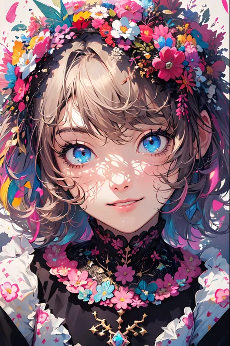 ((flowercrown)),Contemporary art created by tracing traces of colorful ink、​masterpiece、ultra-detailliert、pop-art、innocent smiles、eye glass、(1 girl, Solo:1.6),(Cute smile), (Best Impact:1.5), (maximalism:1.7), Vivid contrast, (Realistic), hyperrealistic il...