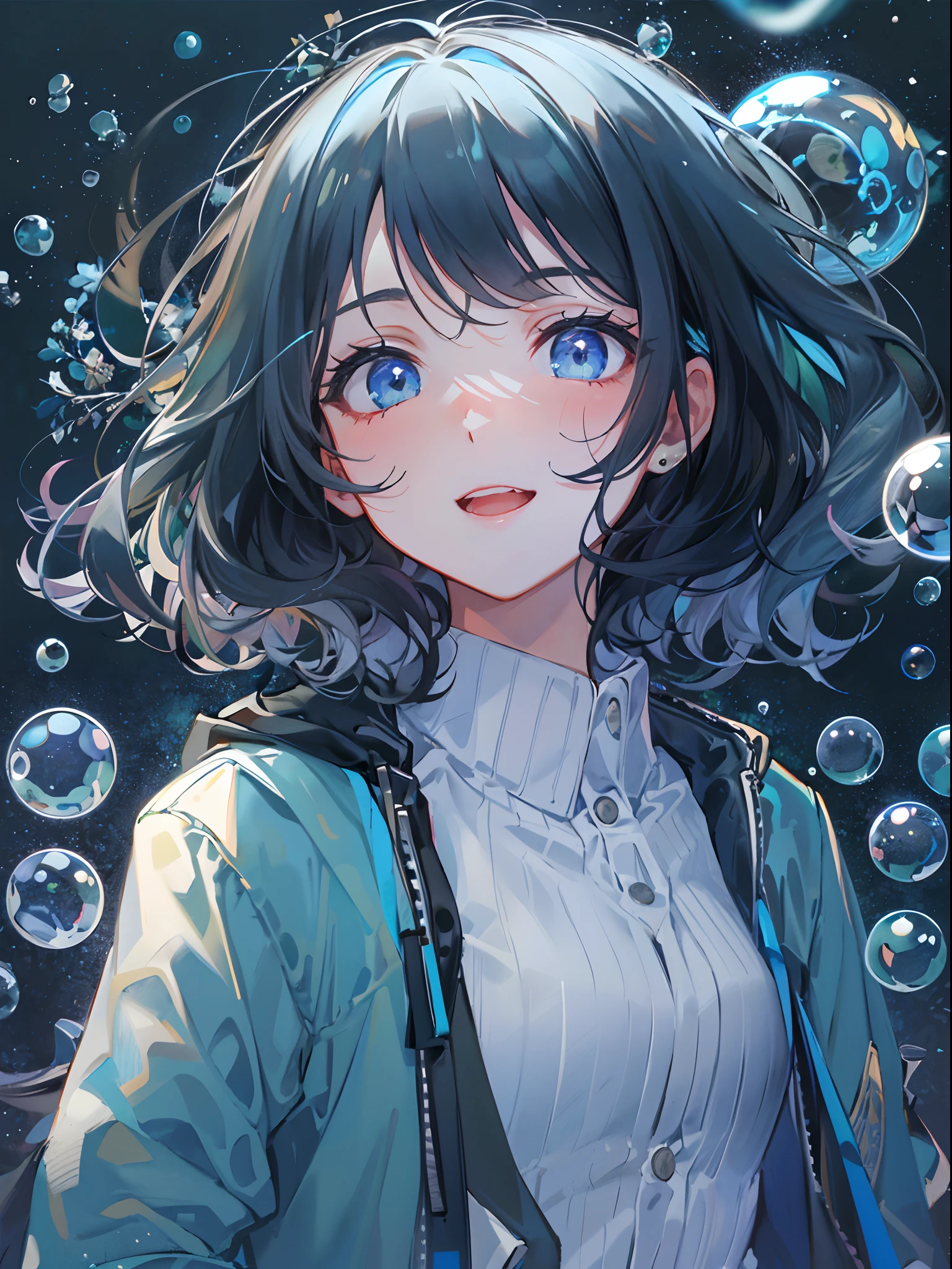 ((top-quality)), ((​masterpiece)), ((Ultra-detail)), (extremely delicate and beautiful), girl with, solo, cold attitude,((Black jacket)),She is very(relax)with  the(Settled down)Looks,A darK-haired, depth of fields,evil smile,Bubble, under the water, Air bubble,bright light blue eyes,Inner color with black hair and light blue tips,Cold background,Bob Hair - Linear Art, shortpants、knee high socks、White uniform like 、Light blue ribbon ties、Clothes are sheer、Hands in pockets
