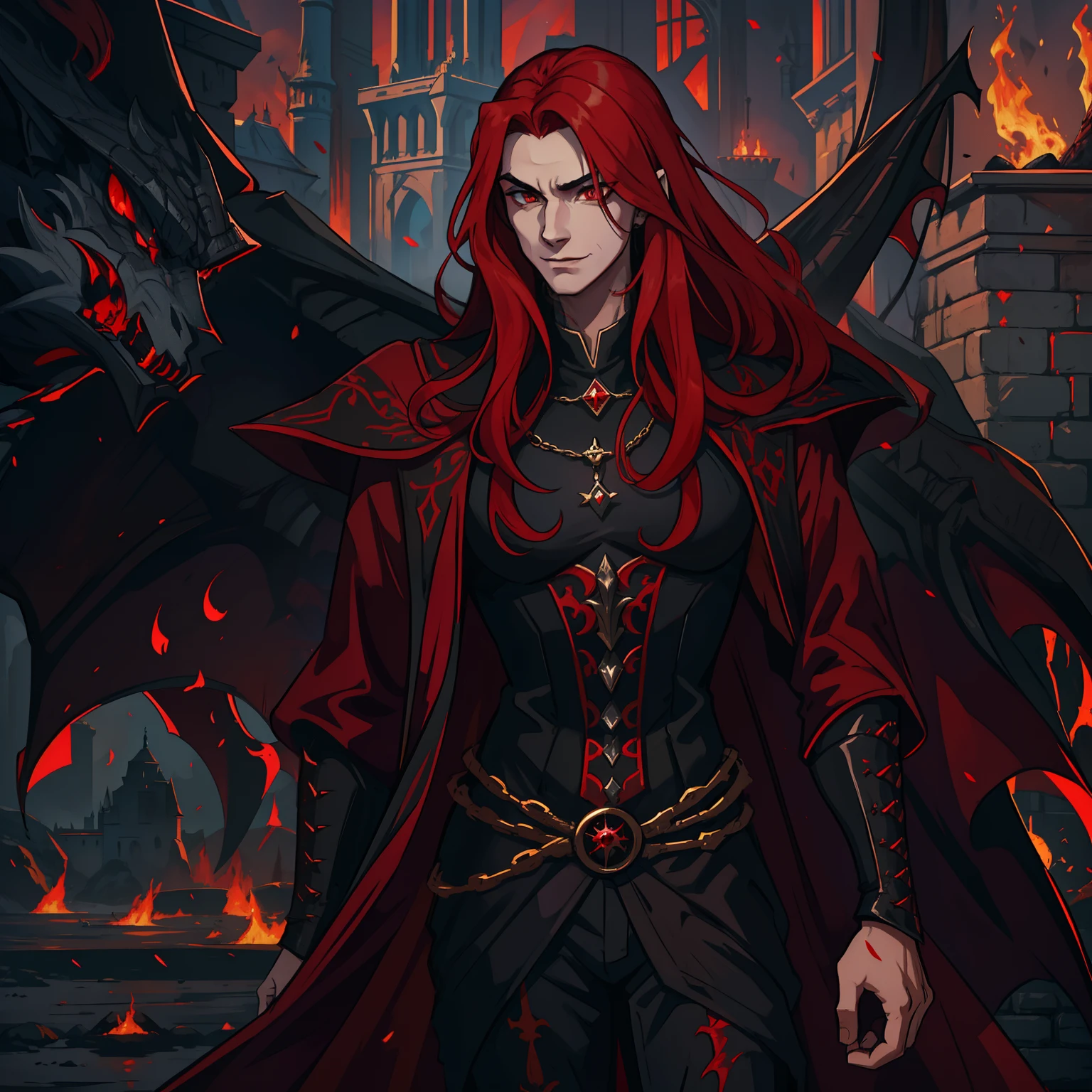 A handsome man with long red hair and red eyes like a king in a dark castle of black rocks, dark colors, he is wearing clothes of a dark and elegant king, like an attractive villain with a seductive smile and a sexy seductive look, is the villain of an RPG is wearing dark medieval clothes; Use dark shades The image has to portray the essence of a villain in dragon clothes, the essence of fire she is inspired by volcanoes her dark essence through a medieval RPG art Conceptual Game Art rpg medieval art art illustration rpg he is young and beautiful a villain with an impressive beauty like that of a seductive vampire a villain smile with a gentle look he is inside a castle in the middle of a medieval royal ball a royal ball a medieval 