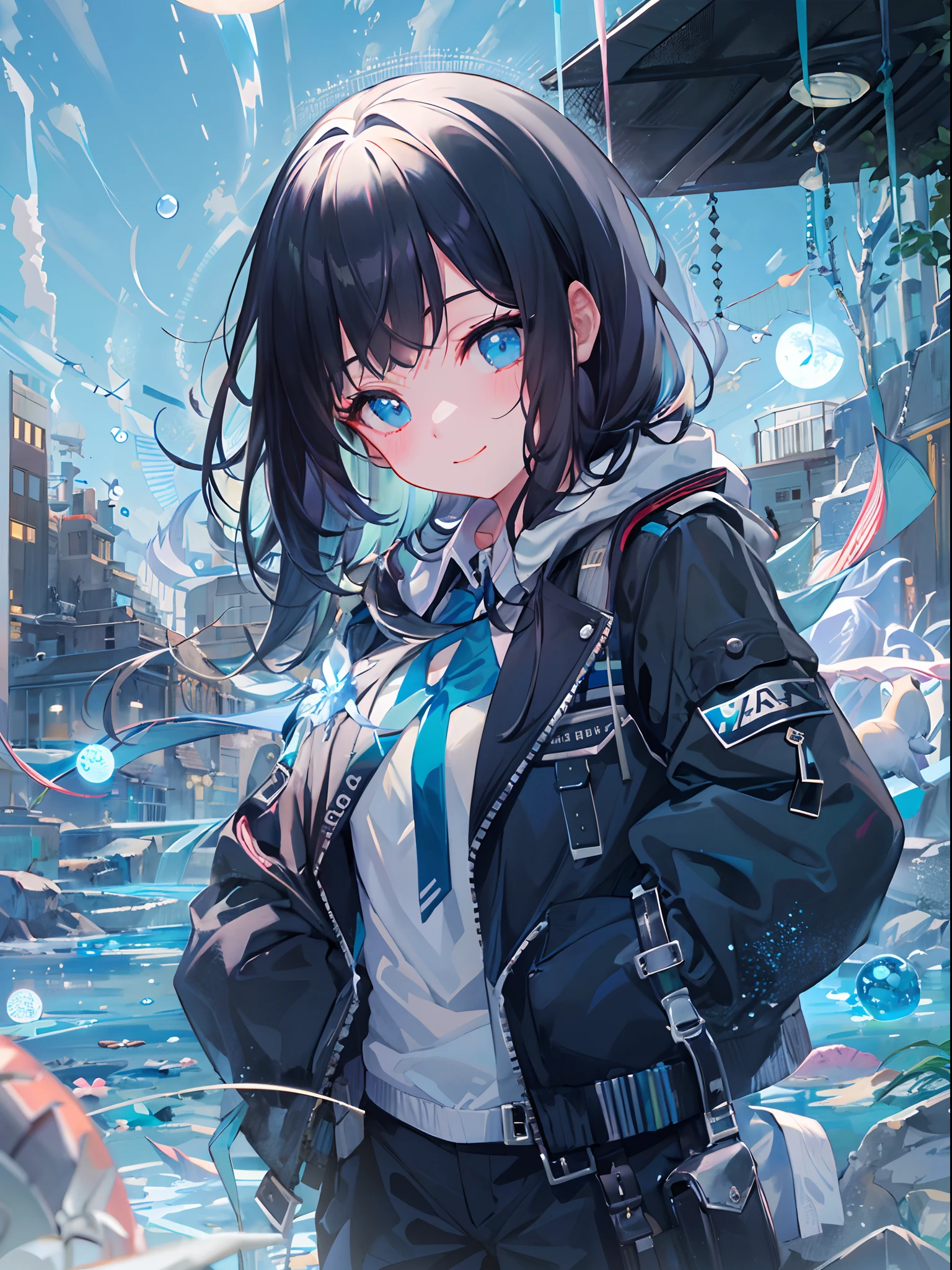 ((top-quality)), ((​masterpiece)), ((Ultra-detail)), (extremely delicate and beautiful), girl with, solo, cold attitude,((Black jacket)),She is very(relax)with  the(Settled down)Looks,A darK-haired, depth of fields,evil smile,Bubble, under the water, Air bubble,bright light blue eyes,Inner color with black hair and light blue tips,Cold background,Bob Hair - Linear Art, shortpants、knee high socks、White uniform like 、Light blue ribbon ties、Clothes are sheer、Hands in pockets