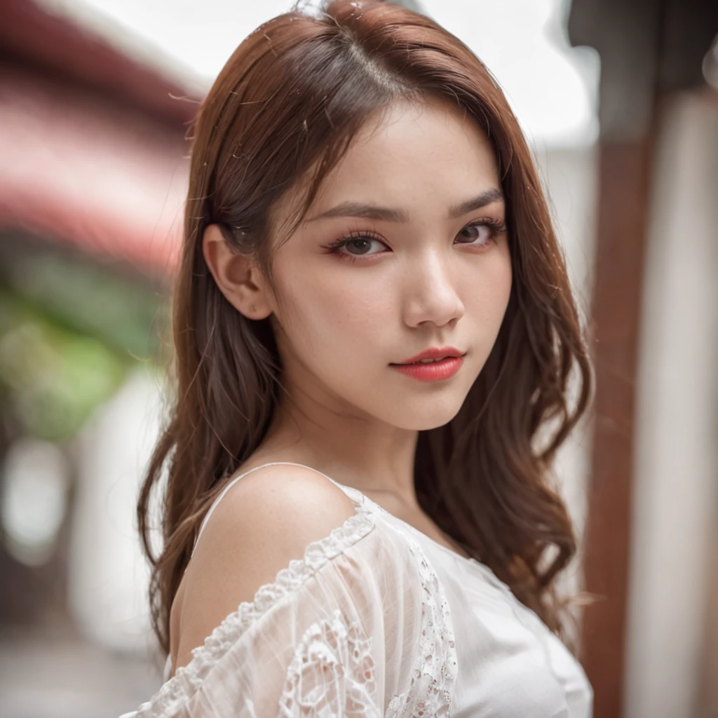 (Best quality:1.4), (Ultra-high resolution:1.2), (Photorealistic:1.4), (8k, RAW photo:1.2),(Medium shot  :1.4), (Brown eyes), Girl walking down the street, Wearing ( Red Thai elephant harem pants:1.3),(White top:1.2), (Nice shoes),(Natural light),(rim-light)