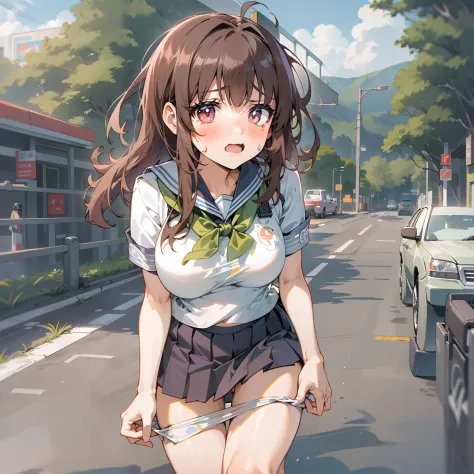 schoolgirl, Brown hair, Medium hair, Ultra-short sailor suit, (Naked:1.1),  (Blushing:1.0), Detailed face, Roadside, POV crouching，Expose the inside of your legs，Spread your legs，Tie your hands behind your back，transparent panty，nakeness，Lori huge breasts ...