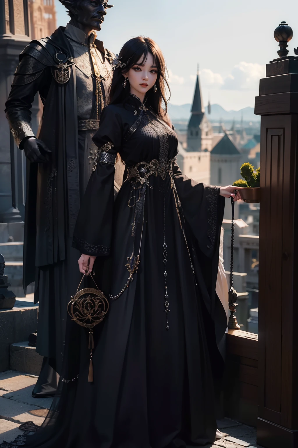((top-quality、​masterpiece、photographrealistic:1.4、8K))、1 beautiful detailed girl、extremely detailed eye and face、beatiful detailed eyes、（Princess of the demon world in a fantasy style black dress）、Luxury Accessories、Elegant smile、（Walking outside、An eerie stone statue and a castle in the background）、Beautiful lighting、Textured skin、Super Detail、high detailing、High quality、hight resolution、（looking at the viewers）、demon realm