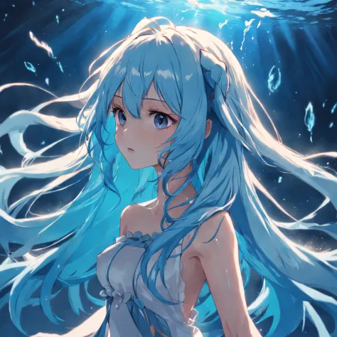 A close up of a anime girl with blue hair and a white top - SeaArt AI