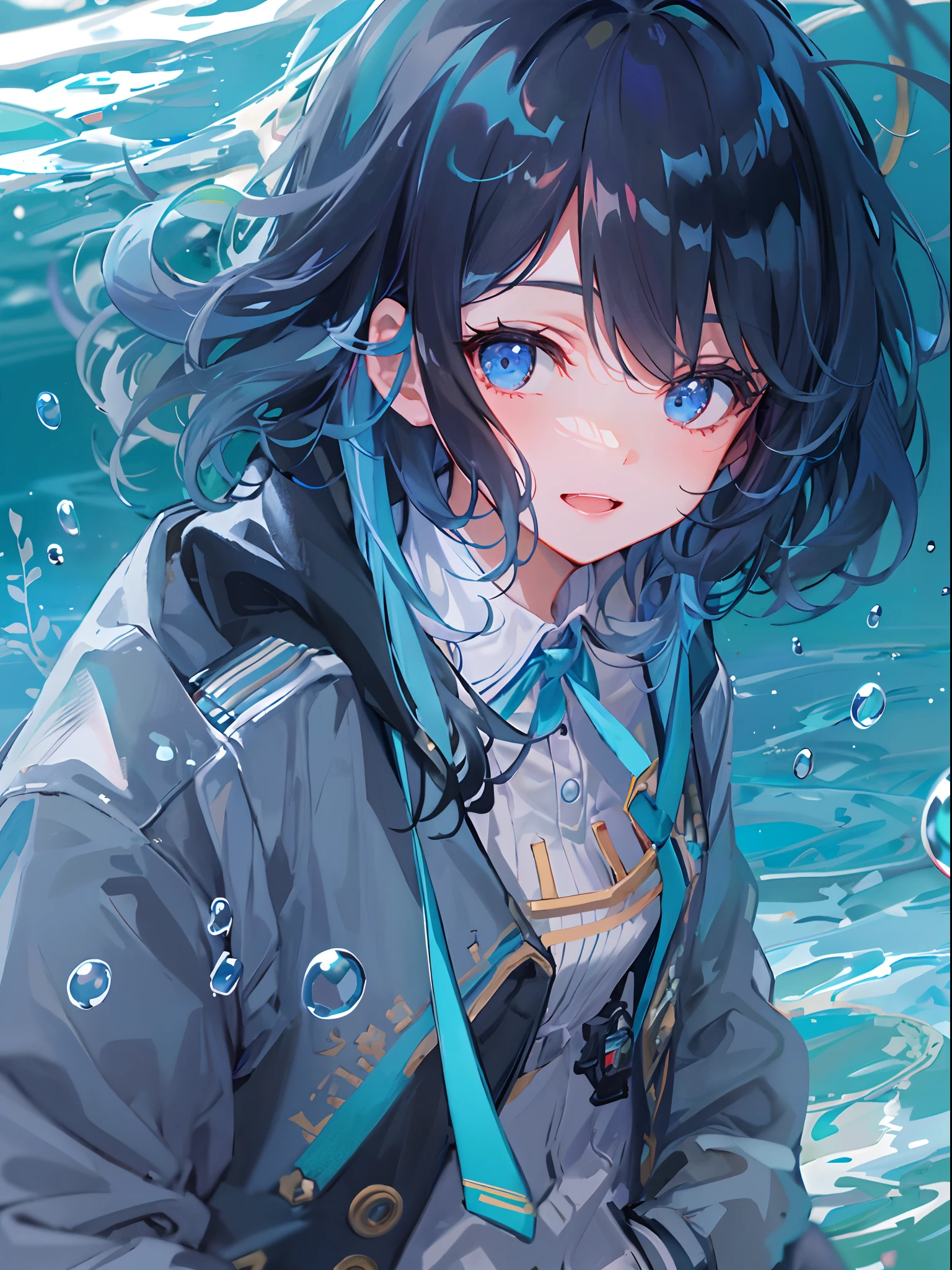 ((top-quality)), ((​masterpiece)), ((Ultra-detail)), (extremely delicate and beautiful), girl with, solo, cold attitude,((Black jacket)),She is very(relax)with  the(Settled down)Looks,A darK-haired, depth of fields,evil smile,Bubble, under the water, Air bubble,bright light blue eyes,Inner color with black hair and light blue tips,Cold background,Bob Hair - Linear Art, shortpants、knee high socks、White uniform like 、Light blue ribbon ties、Clothes are sheer、Hands in pockets