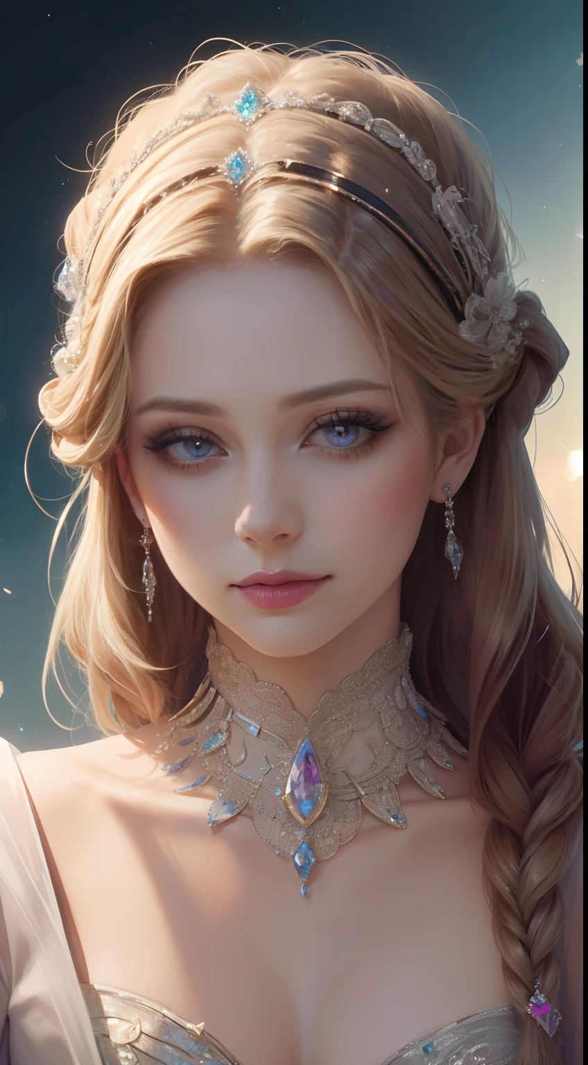 杰作，最高分辨率，美丽皇家女士的动态半身像，精致的金色辫子头发，紫色清澈的眼眸，头发上布满了美丽精致的花卉工艺, 水晶珠宝花丝，极其详细的细节，升级版。