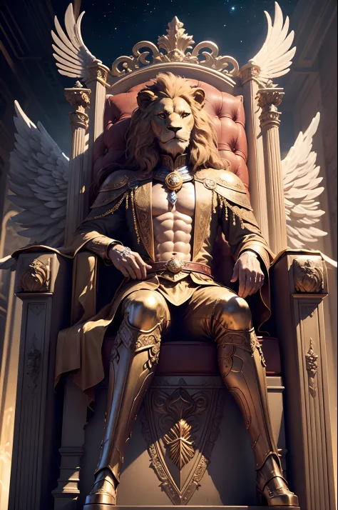Photograph taken from afar of a humanoid lion with wings and full king's clothing sitting on the throne, with futuristic buildings, background nebula ((best anatomy)) hyperrealism, realism, proportional, total quality, stylized