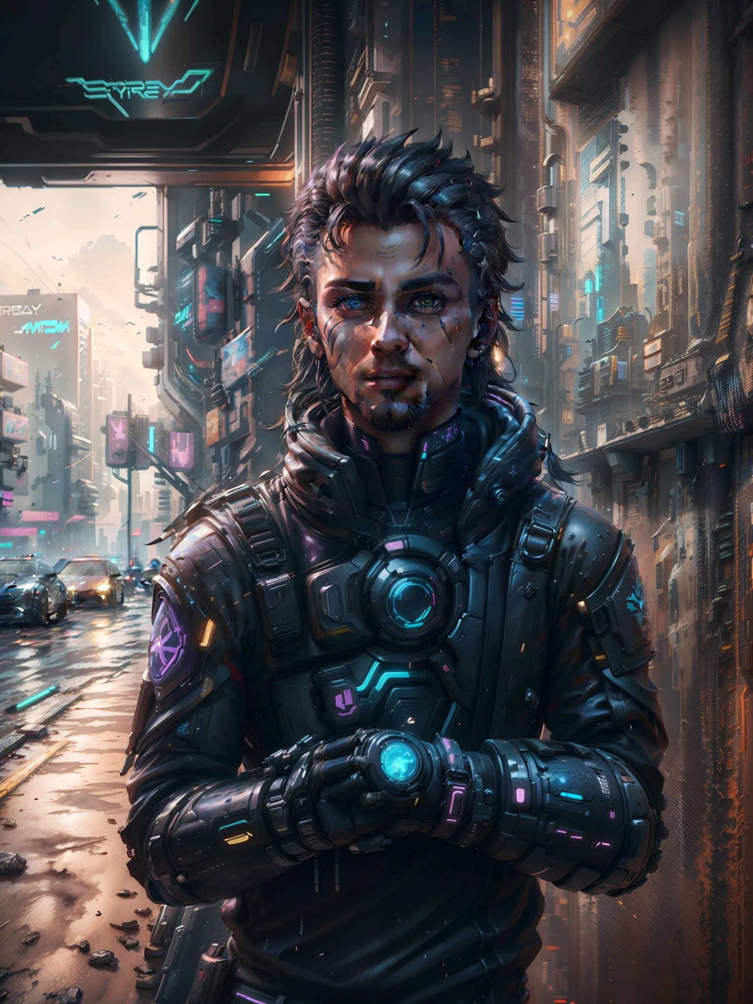 Mude o plano de fundo para a noite cyberpunk 2077, menino bonito, ultra realistic, 8K, Rosto realista