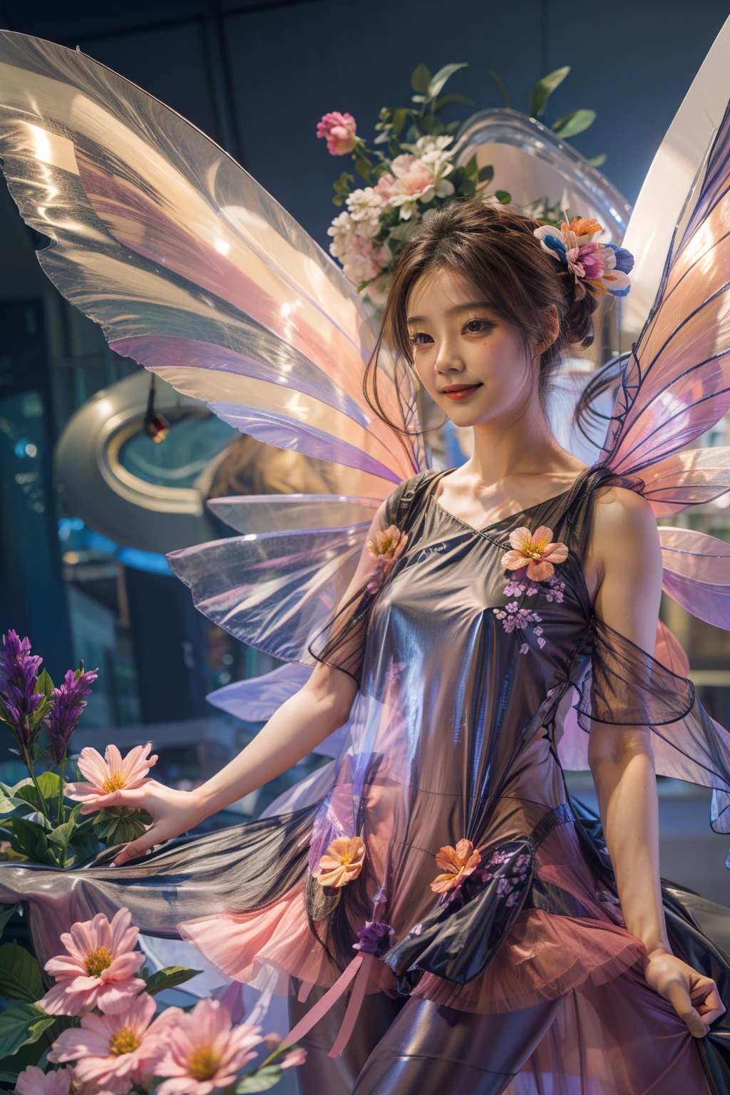 color photo of a flower fairy with transparent colorful wings, holding a magic wand， beautiful, ((ultra-detailed)), (highly detailed illustration), (expressionless), (best quality:1.2), realistic8K UHD, High definition,(masterpiece)