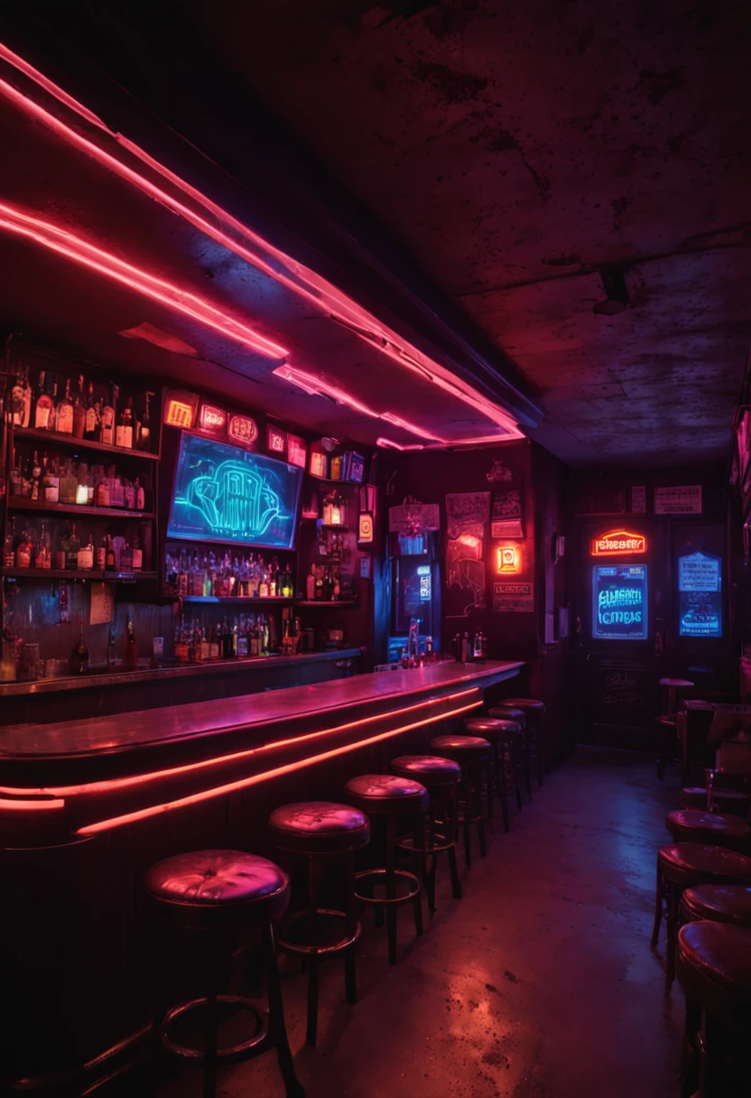 A dimly lit bar with stools and neon lights - SeaArt AI