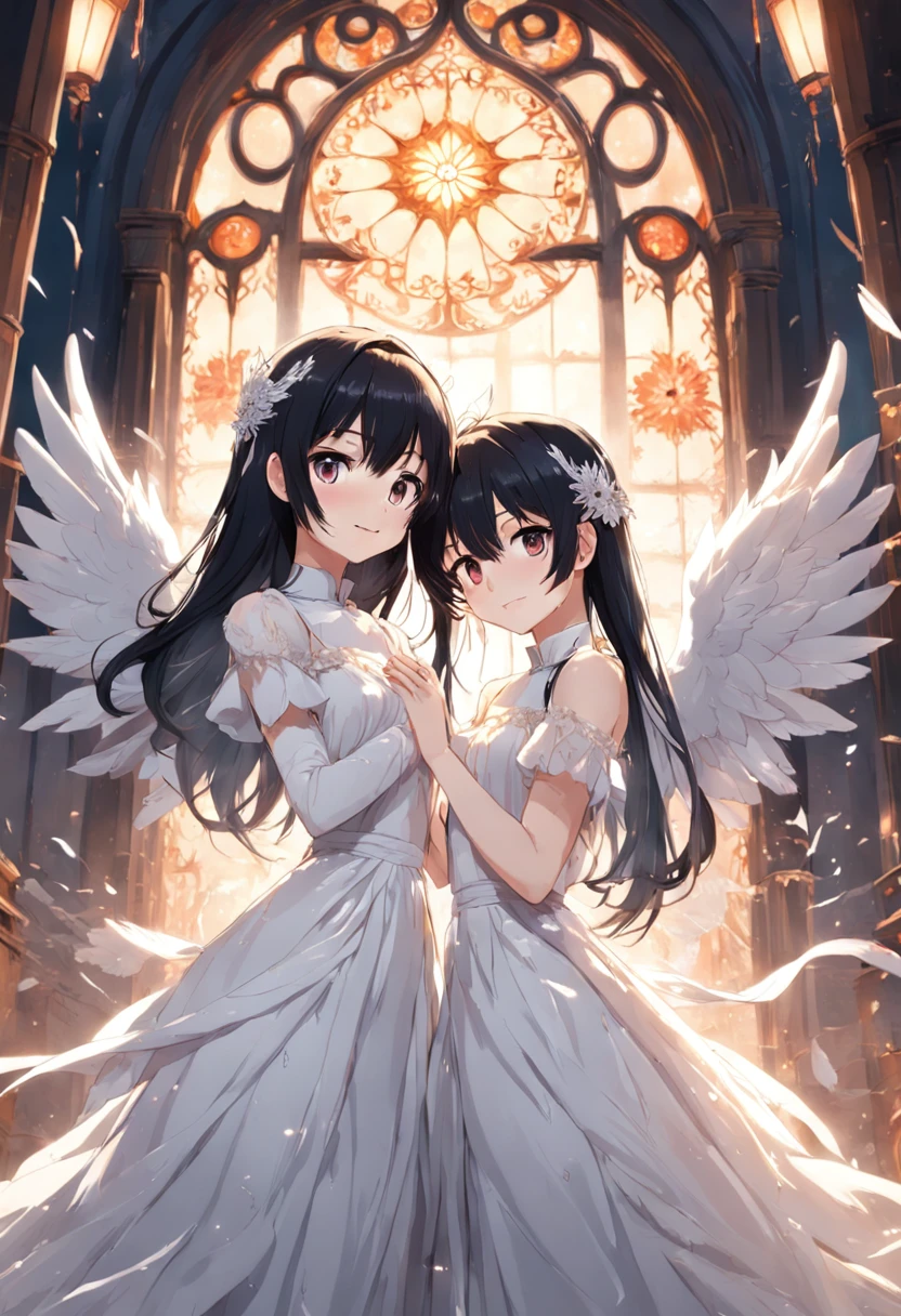 Dos chicas anime con vestidos de novia paradas frente a una vidriera -  SeaArt AI