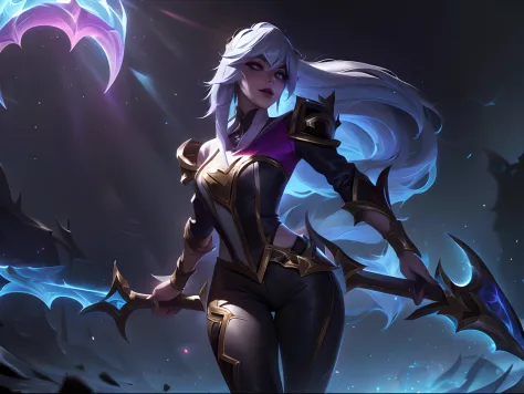 (League of Legends:1.5),Legendary skins,empyrean lux skin, 1girl, solo, long hair, bangs, blonde hair, ponytail, weapon, white hair, pants, official alternate costume, mask, glowing, black pants