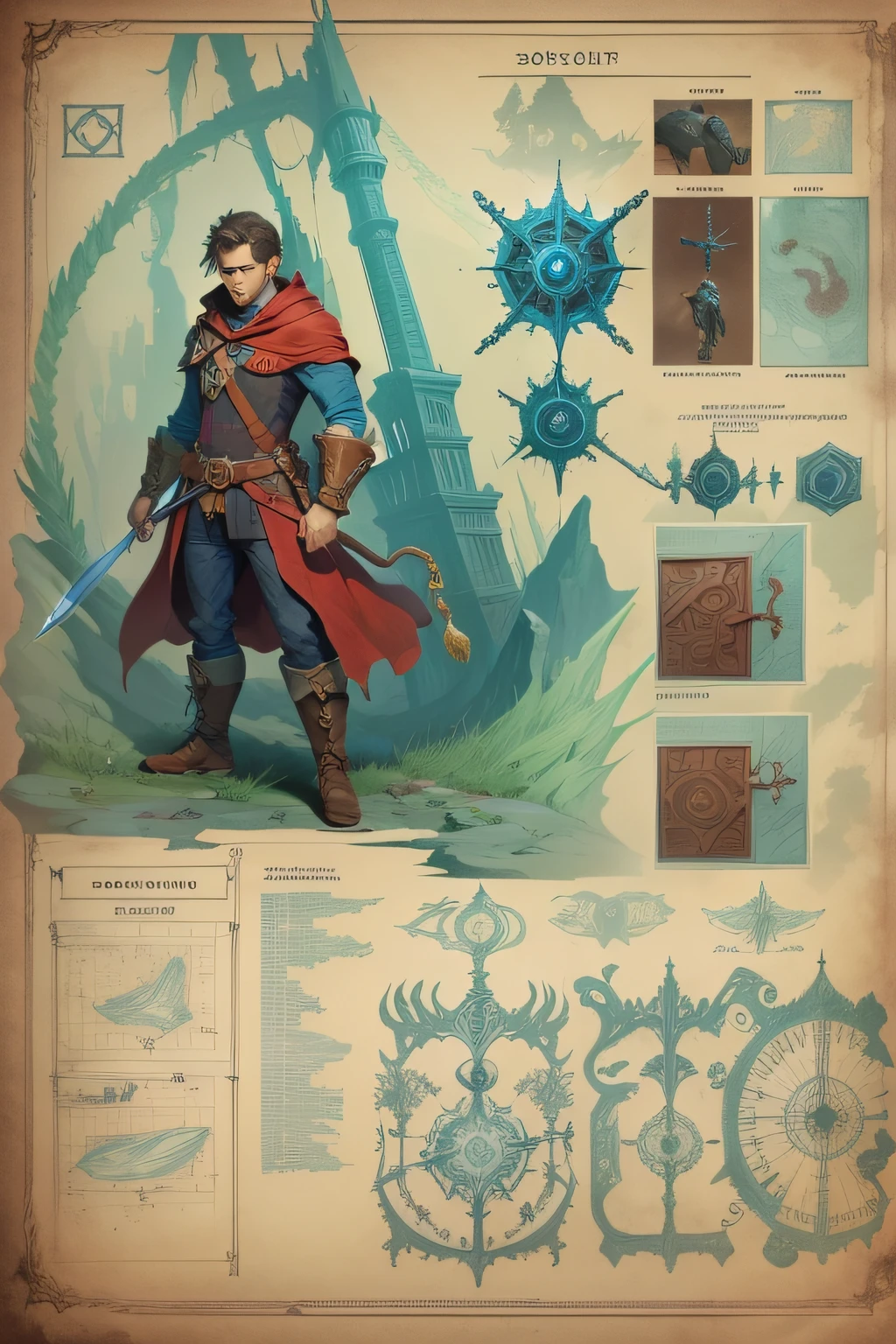 蓝图 一位勇敢的英雄在一座阴森的塔顶上挑战邪恶的巫师.

侧面列出的物品和装备:  
- 魔法剑 - 神秘护身符 - 绳索和抓钩 - 邪恶巫师