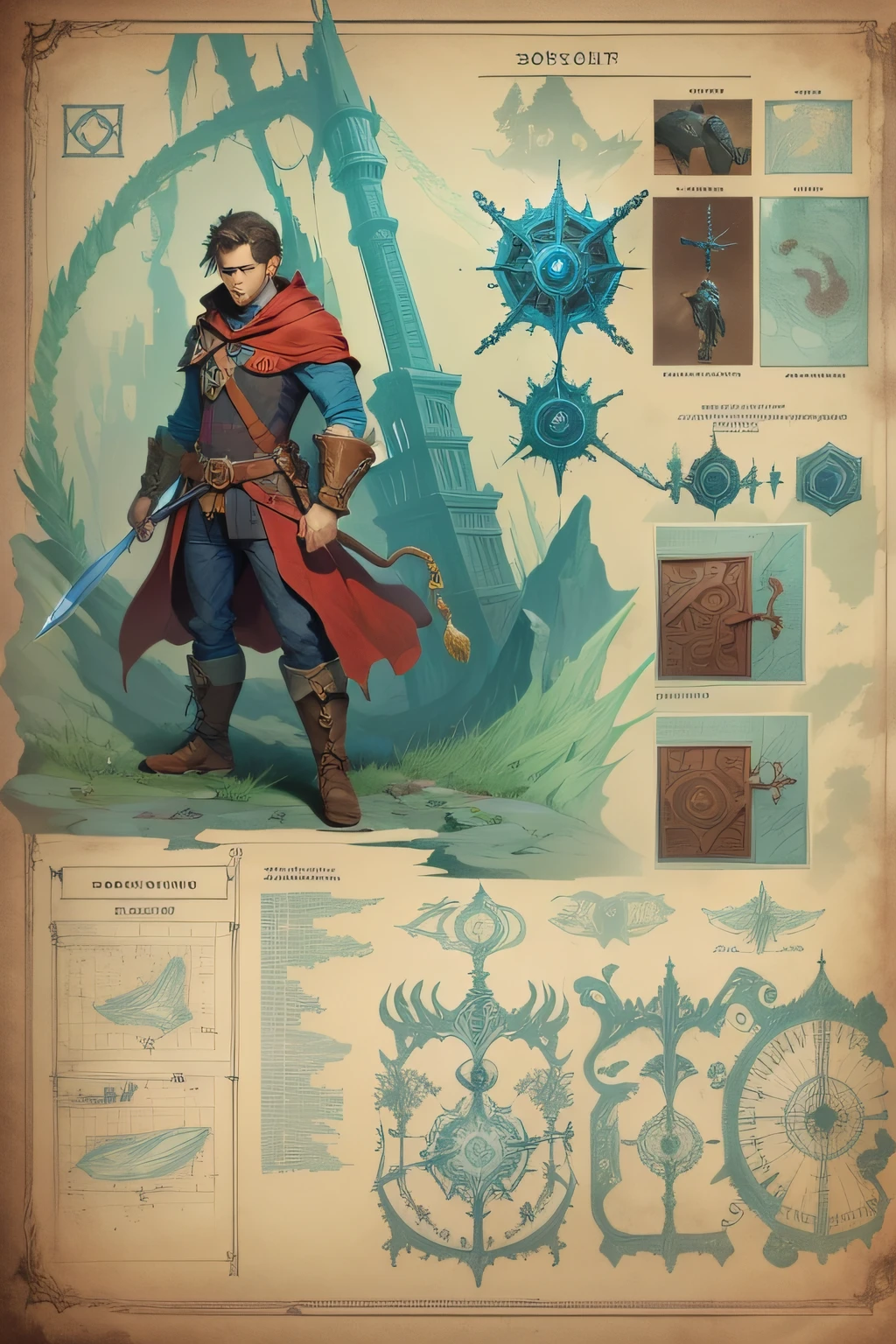 blueprint A brave hero challenges a wicked sorcerer high up in a foreboding tower.

Items and gear listed on the side:  
- Enchanted sword
- Mystical amulet
- Ropes and grappling hook
- Sinister sorcerer