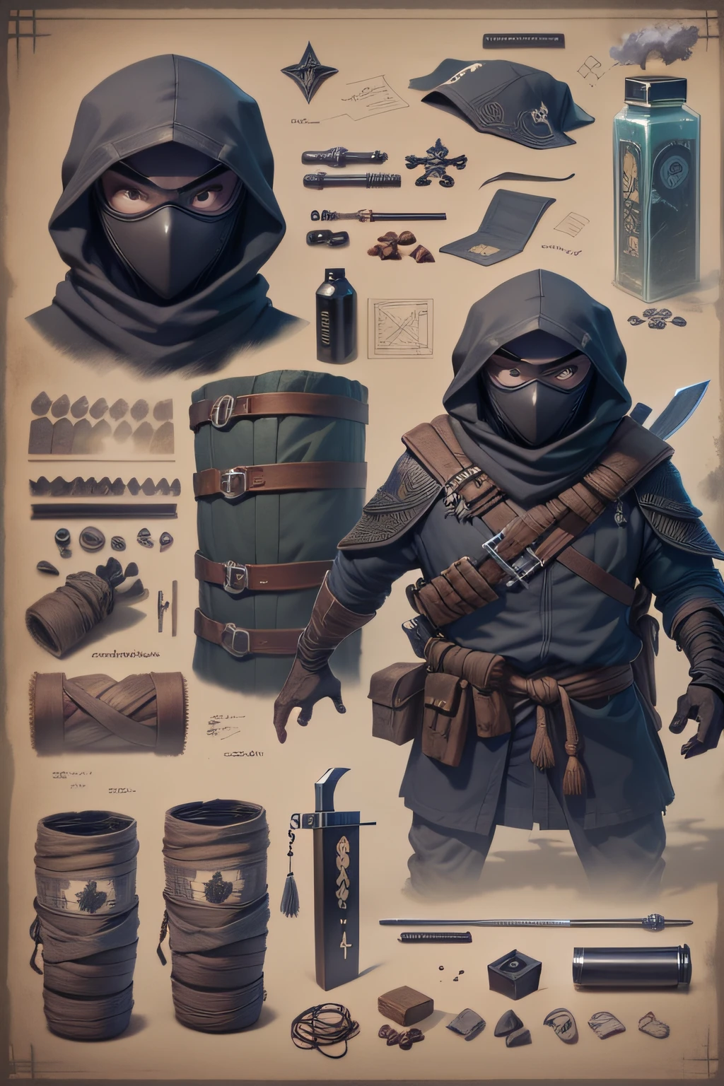 Um ninja sorrateiro se esconde nas sombras pronto para emboscar inimigos. 

itens e equipamentos listados ao lado:
- Máscara preta e vestuário
- Shurikens de aço 
- Espada ninja
- Bombas de fumaça