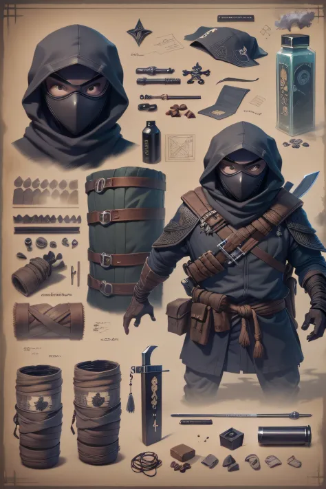 blueprint A sneaky ninja hides in the shadows ready to ambush enemies. 

Items and gear listed on the side:
- Black mask and garb
- Steel shurikens 
- Ninja sword
- Smoke bombs