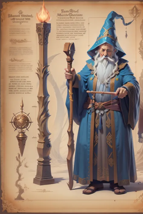 blueprint A wise old wizard conjures a glowing spell with his wooden staff.

Items and gear listed on the side:
- Long grey beard
- Pointed hat 
- Mystical robes
- Wooden staff
- Magic spell