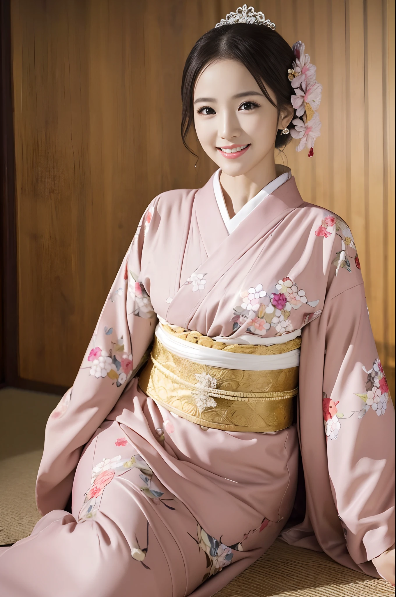 face is :9,1714884241], Upper class wife sitting on the floor in kimono, with a seductive smile, (38 years), Lovely woman, elegant smiling pose,  Beautiful woman sitting, Raw photo, (in 8K、top-quality、​masterpiece:1.2)、(intricate detailes:1.4)、octane renderings、Complex 3D rendering ultra detail, vibrant detail, super detailing, realistic skin textures, Detail Face, Beautiful detail eyes, make - up, (detailedbackground:1.2),　shinny skin、A smile、