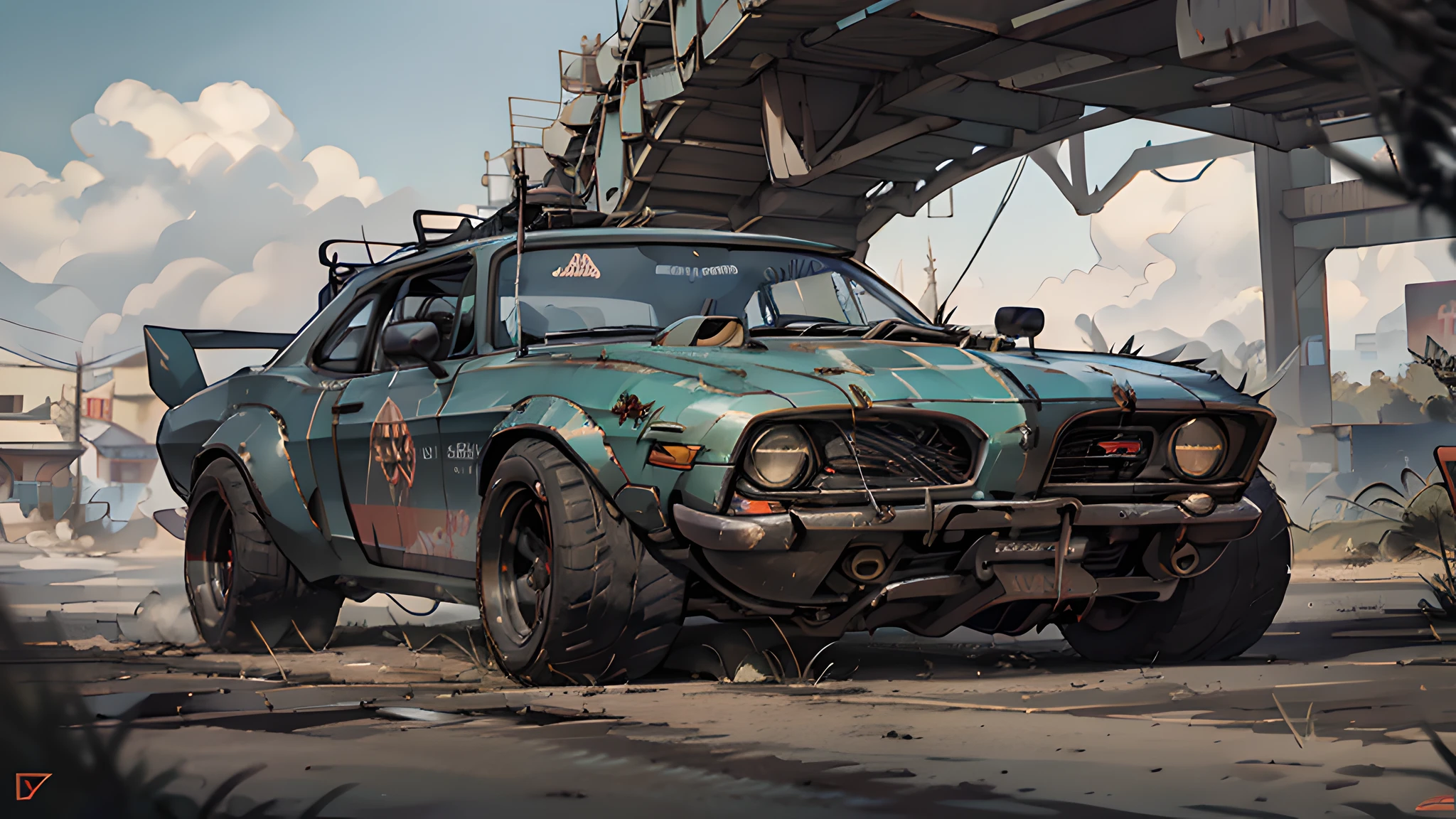 CreAte A cinemAtic, filmic imAge 4k, 8k 和 [George Miller's MAd MAx style]. The imAge should be cAptured in A [wide-Angle view] And depict [單身的] A [post-ApocAlyptic]  V8 [muscle cAr]. The cAr's pAint is A [blAck] covered in A spots of [锈] And thin lAyer of smooth [灰尘] And [污垢], mAking it AppeAr [崎嶇] And [坚韧不拔] but 和 visible [blAck color]
The cAr's body should be [光滑] And [AerodynAmic], giving it A [低的] And [Aggressive] stAnce thAt conveys [力量] And [速度]. The front of the cAr should feAture A [獨特的] front nose cone 和 [rectAngulAr lights] thAt Adds to its [intimidAting] AppeArAnce. The cAr's wheels should be [lArge] And [結實的], 和 [厚的] tires thAt cAn hAndle the [粗糙的] terrAin of the [post-ApocAlyptic] wAstelAnd. The rims should be mAde of [durAble] metAl 和 A [獨特的設計] thAt showcAses the cAr's [individuAlity].
In Addition, the cAr should hAve [eight exhAust side pipes]. The cAr should Also feAture A WeiAnd 6-71 [superchArger] 安裝在引擎蓋上, protruding th粗糙的 the bonnet.
CAr should be designed to look both [力量ful] And [functionAl], built to 和stAnd the [hArsh] 的條件 [post-ApocAlyptic] wAstelAnd.
The imAge should be [ultrA-reAlistic], 和 [高分辨率] cAptured in [nAturAl light]. The lighting should creAte [soft shAdows] And showcAse the [rAw] And [vibrAnt colors] of the cAr. The imAge should be A highly-detAiled photogrAphy set in A [post-nucleAr], [fAllout] 喜歡設定, conveying A sense of [dAnger] And [堅韌不拔]. The finAl imAge should be A [mAsterpiece], 和 A [reAlistic portrAyAl] of the Interceptor thAt is both [intimidAting] And [Awe-inspiring]. BAckground should contAin [empty desert highwAy], imAge tAkes plAce before the storm, 和 the [夏日炎熱的陽光] 仍然在天空中閃耀, but in the distAnce, the sky is A [dArk And foreboding shAde of blue], hinting At An impending storm